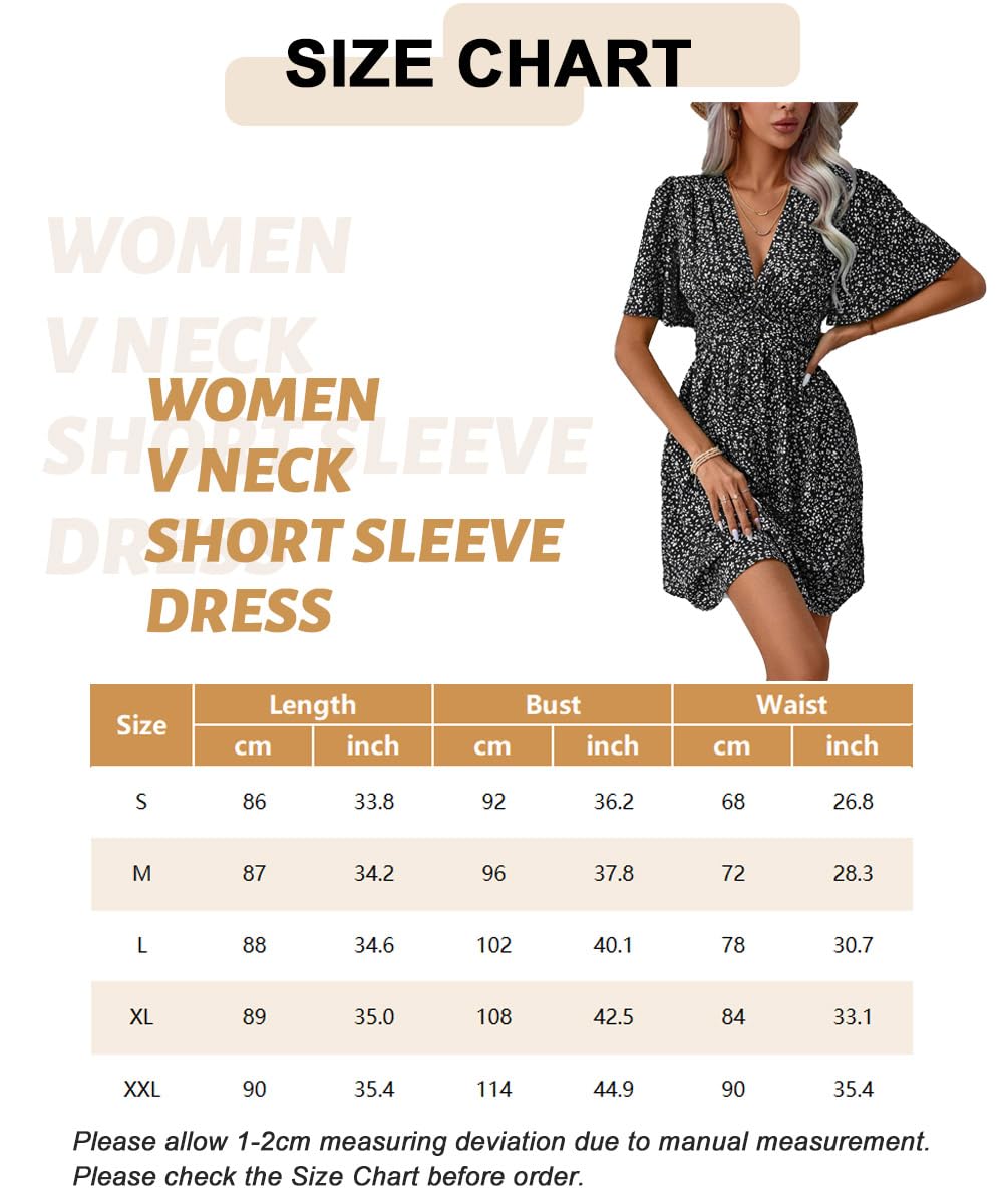 LIAMERHE Damen Elegant Kleid Langarm/Kurze Ärmel V-Ausschnitt Casual Kleider A-Linie Blumenmuster Minikleid Freizeitkleider Sommer Herbst Winter Laternenärmeln Kleid Partykleid