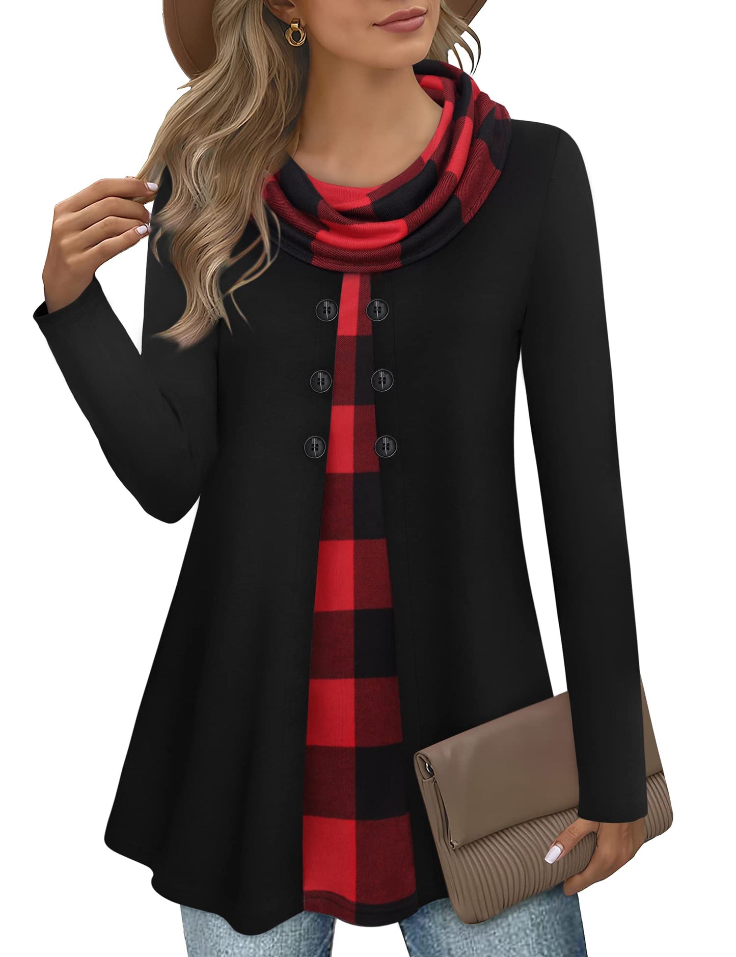 Gaharu Damen Tunika Langarm Elegant Pullover Lang Sweatshirt Schalkragen Patchwork Pulli