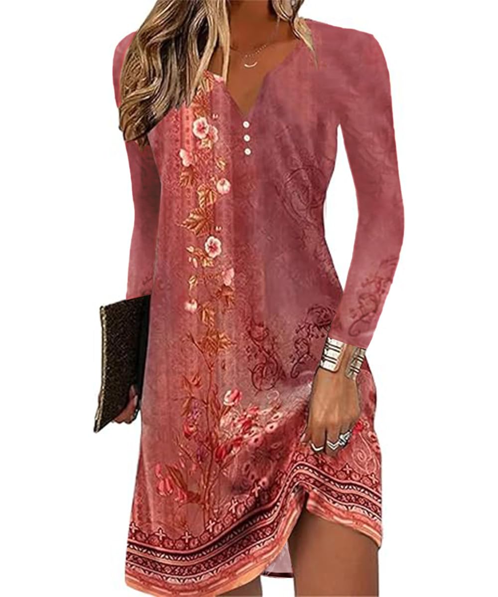 Yeenily Damen Bohemian Langarm Kleid V-Ausschnitt Blumenmuster Tunikakleider A Linien Lose Lässiges MiniKleid Freizeitkleid