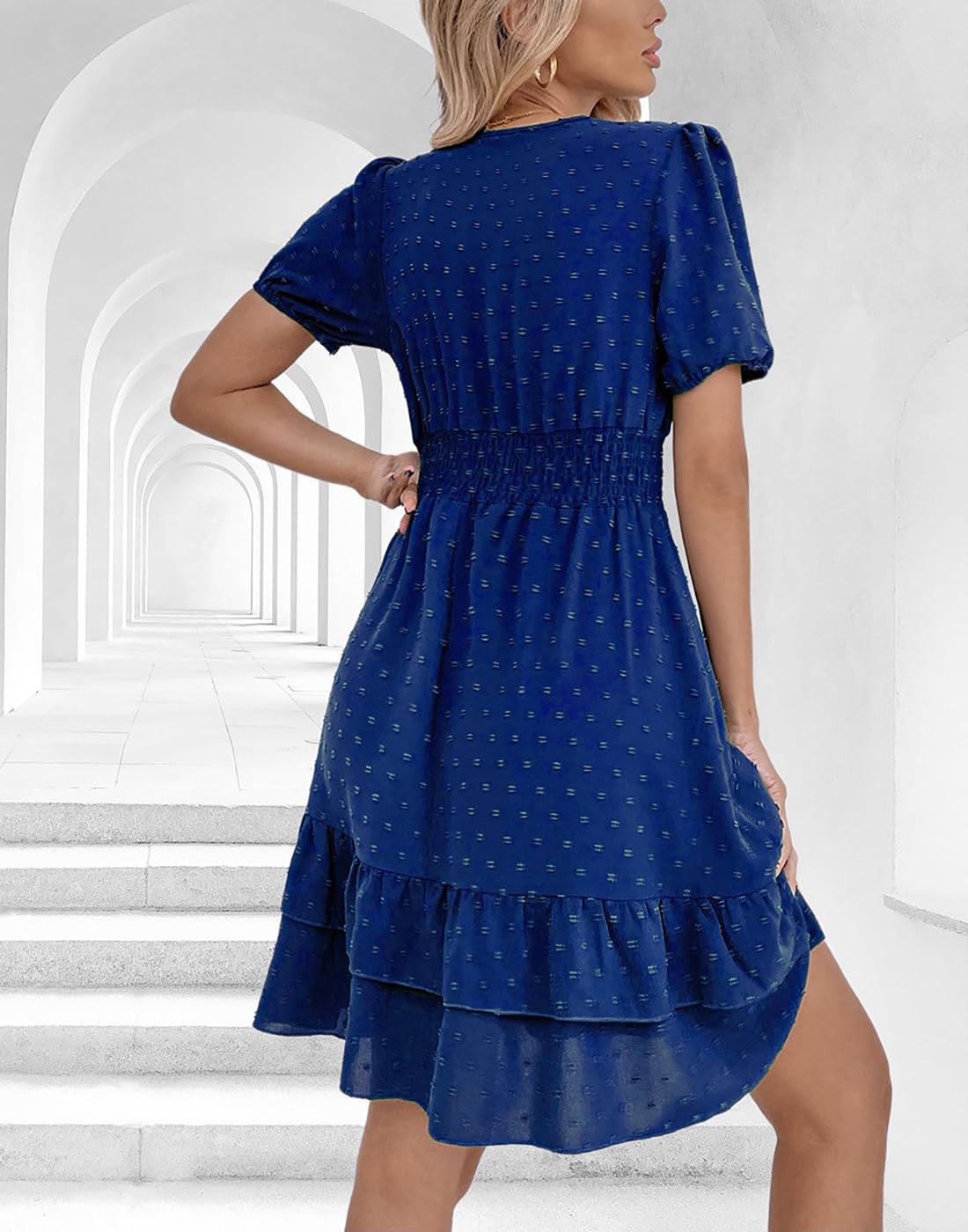 Vangreynve Damen Minikleid V-Ausschnitt A-Linie Kleider Elegant Hohe Taille Langarm Freizeitkleid