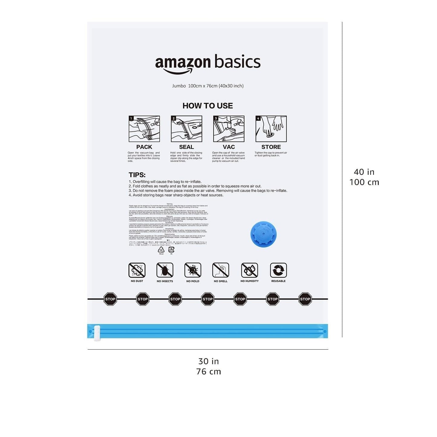 Amazon Basics Vakuumbeutel für Kleidung mit Luftdichtem Ventil und Handpumpe - Jumbo, 6er-Pack, Reißverschluss, Durchsichtig