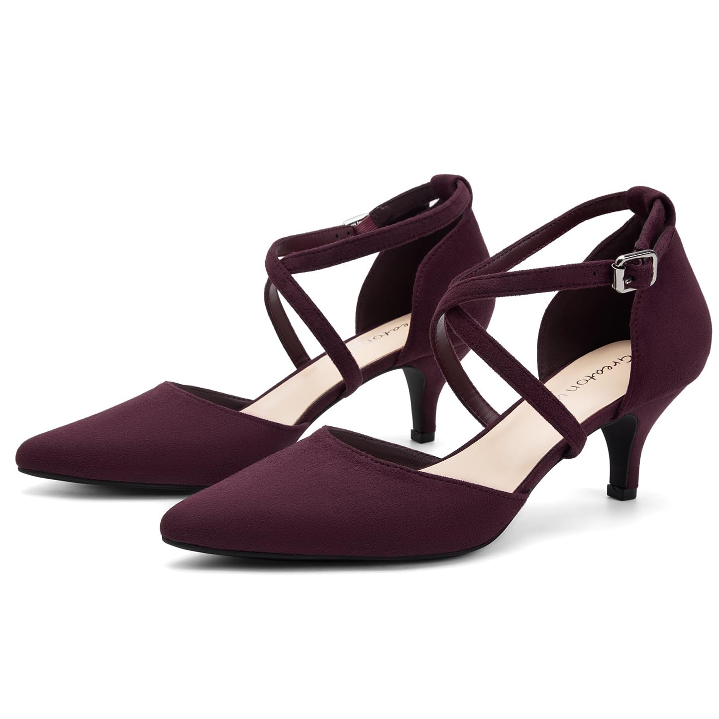 Greatonu Women's Pointed Toe Court Shoes with Ankle Strap and Kitten Heel
