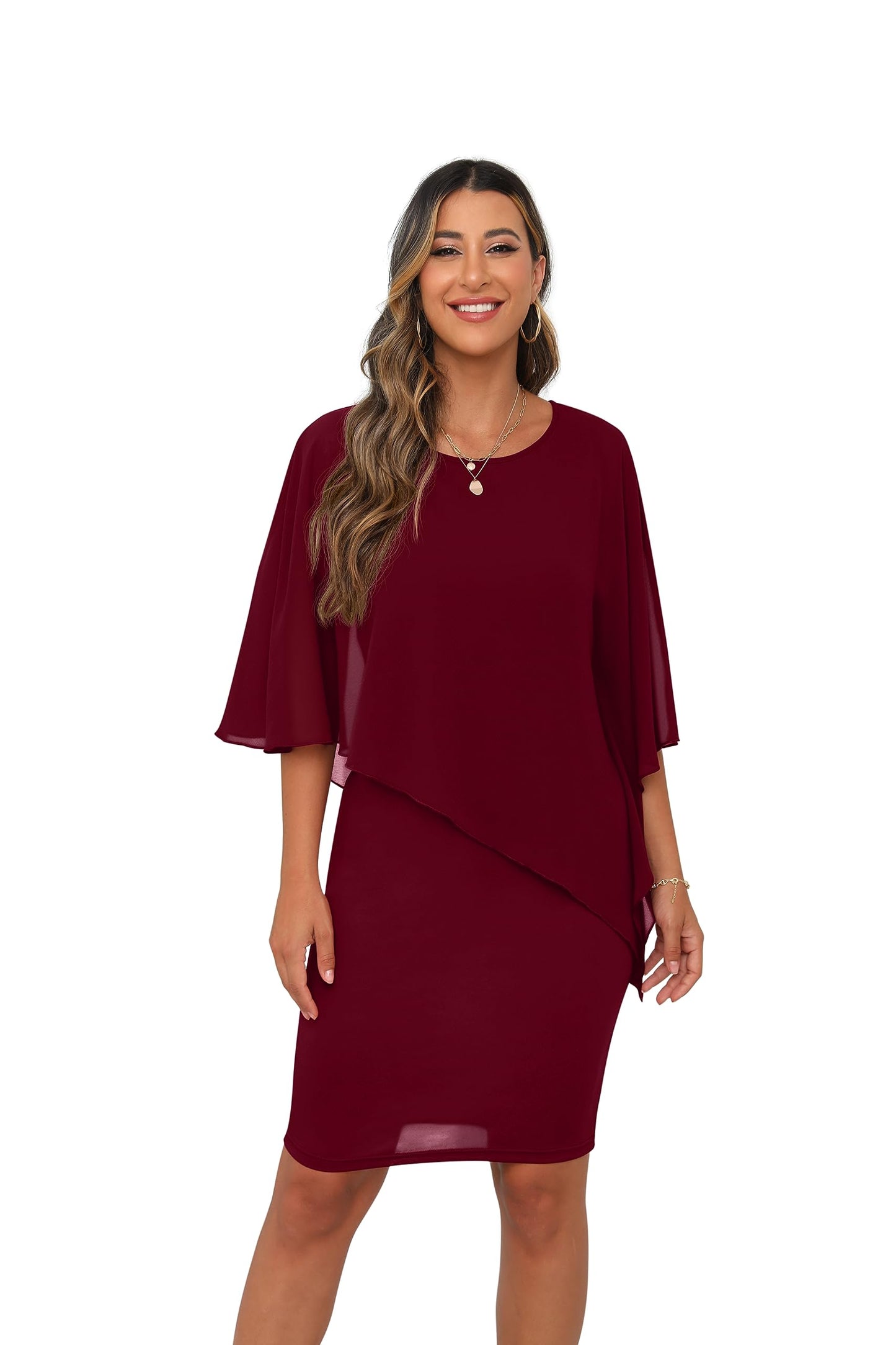 QIXING Damen Chiffon Cape Cocktialkleid Rundhals Ausschnitt Bleistiftkleid Sommerkleid Damen Knielang Elegant Abendkleid Mit Overlay Casual Bodycon Kleider