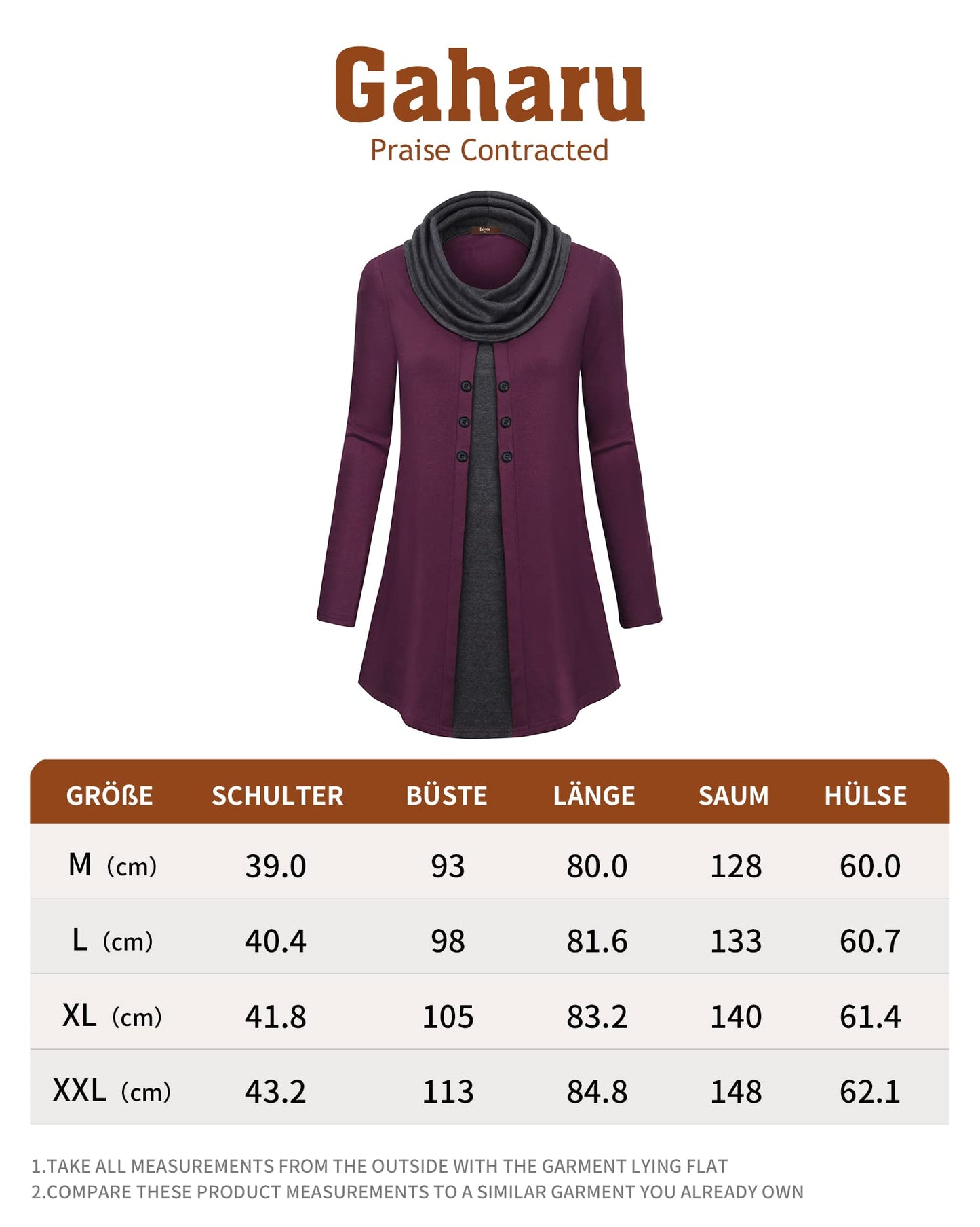 Gaharu Damen Tunika Langarm Elegant Pullover Lang Sweatshirt Schalkragen Patchwork Pulli