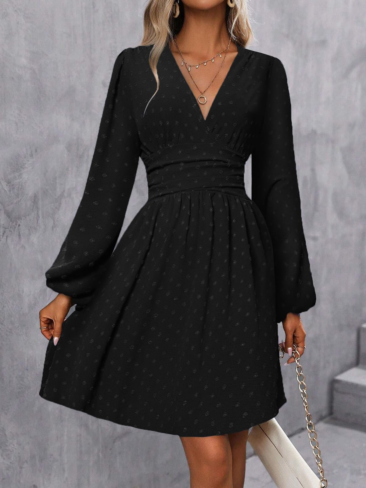 LIAMERHE Damen Elegant Kleid Langarm/Kurze Ärmel V-Ausschnitt Casual Kleider A-Linie Blumenmuster Minikleid Freizeitkleider Sommer Herbst Winter Laternenärmeln Kleid Partykleid