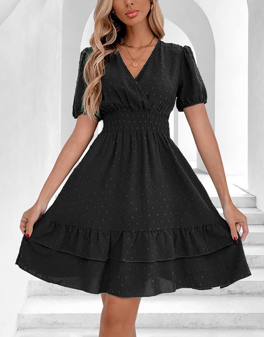Vangreynve Damen Minikleid V-Ausschnitt A-Linie Kleider Elegant Hohe Taille Langarm Freizeitkleid
