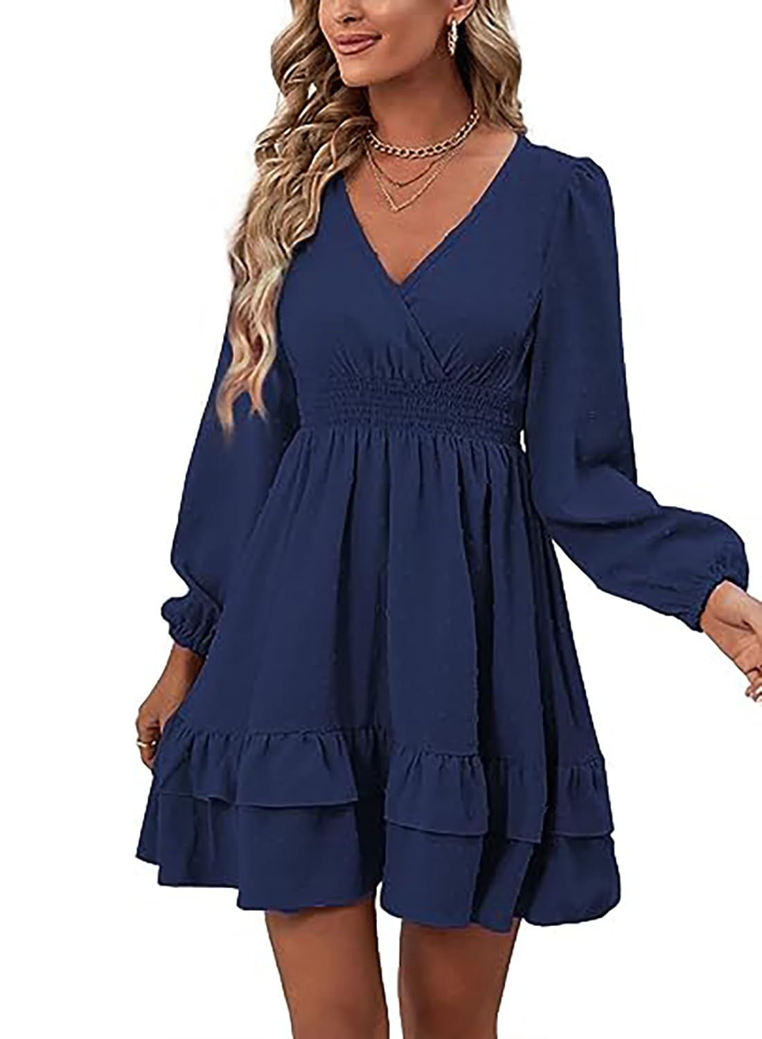 Vangreynve Damen Minikleid V-Ausschnitt A-Linie Kleider Elegant Hohe Taille Langarm Freizeitkleid