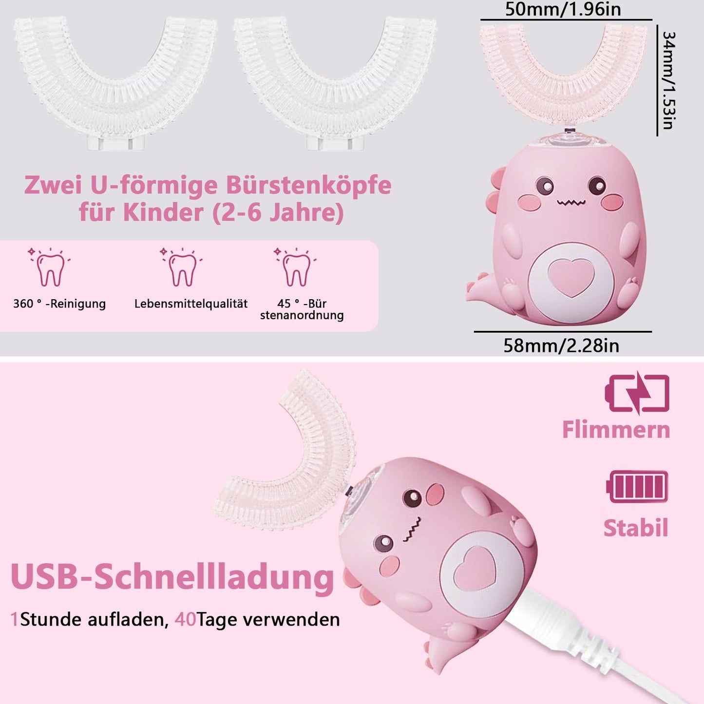 Kinderzahnbürste Elektrisch, 360° Automatische Ultraschall Elektrozahnbürste, Ultraschall Zahnbürstemit 3 U-förmigen Silikonbürstenköpfen,mit LED, Dino Zahnbürste Elektrisch für Alter 2~6 Jahre (Grün)