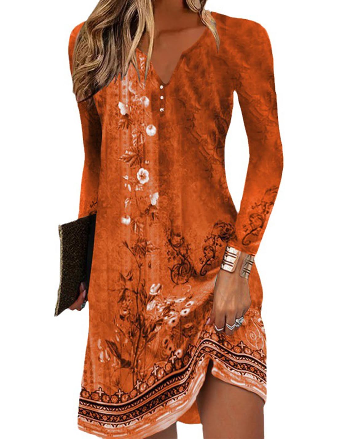 Yeenily Damen Bohemian Langarm Kleid V-Ausschnitt Blumenmuster Tunikakleider A Linien Lose Lässiges MiniKleid Freizeitkleid