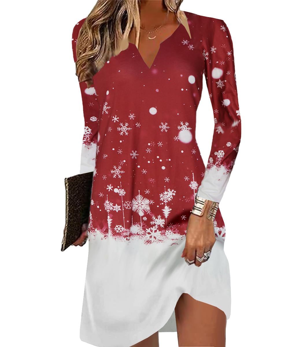 Yeenily Damen Bohemian Langarm Kleid V-Ausschnitt Blumenmuster Tunikakleider A Linien Lose Lässiges MiniKleid Freizeitkleid