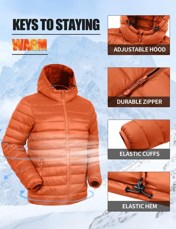 Winter Jacket Men's Packable Outdoor Down Jackets Hooded Jacket Autumn Waterproof Puffer Jacket with 6 Pockets for Running Travel