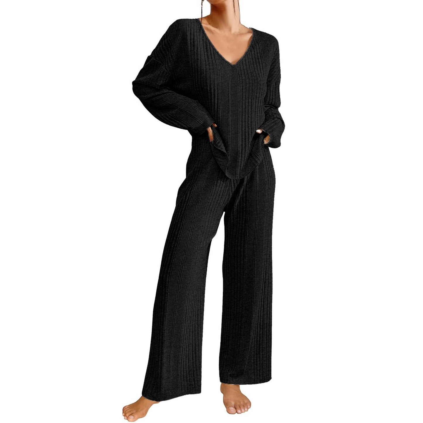 Hausanzug Damen Elegant Gestrickte Loungewear Einfarbig Strickanzug Langarm Schlafanzüge Zweiteiler V-Ausschnitt Homewear Locker Freizeitanzug Outfit Weites Bein Hose mit Taschen Lounge Set