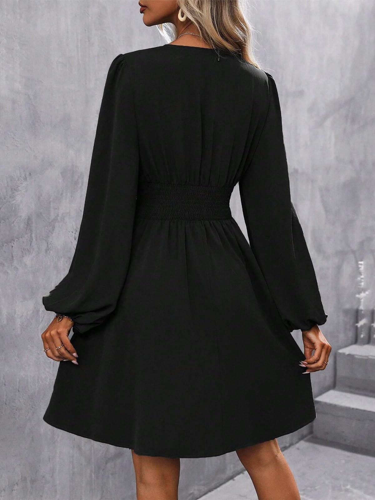 LIAMERHE Damen Elegant Kleid Langarm/Kurze Ärmel V-Ausschnitt Casual Kleider A-Linie Blumenmuster Minikleid Freizeitkleider Sommer Herbst Winter Laternenärmeln Kleid Partykleid