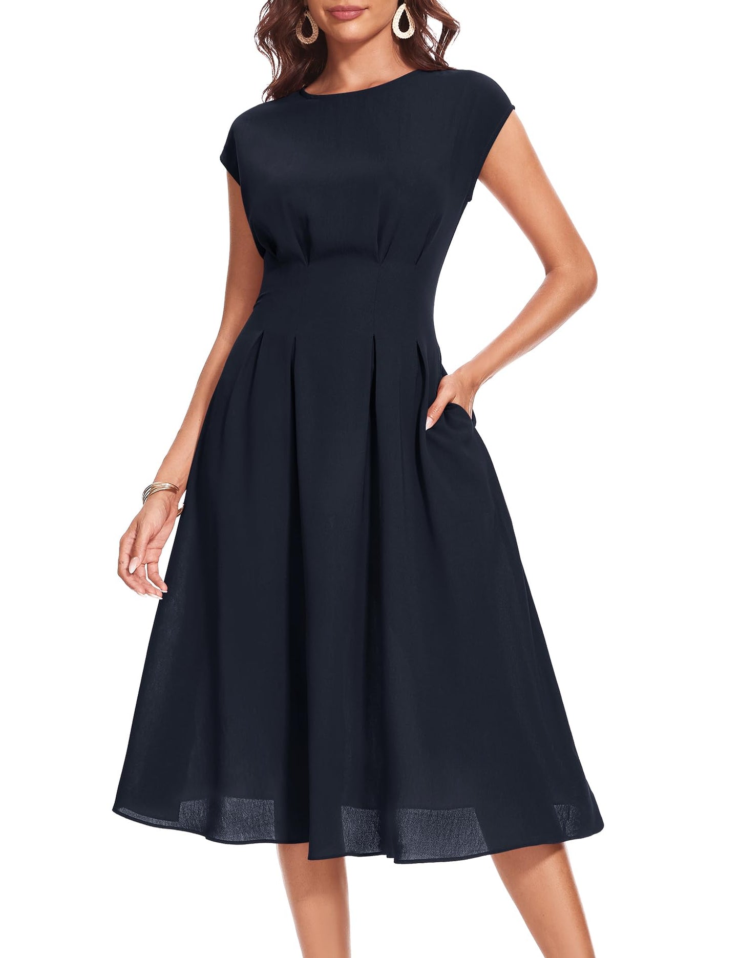 Wedtrend Cocktailkleid Damen Elegant Rockabilly Kleider Damen Midi Cap Sleeves Kleid Festlich Damen 50er Vintage A Linie Abendkleid mit Taschen