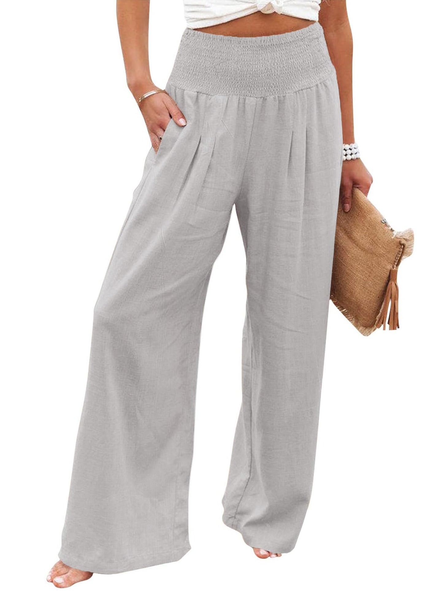 Imuedaen Leinenhose Damen Sommer Hose Casual Leinen Leicht Hosen Weites Bein Palazzo Freizeithose Hohe Taille Einfarbig Sommerhose Stoffhose mit Taschen