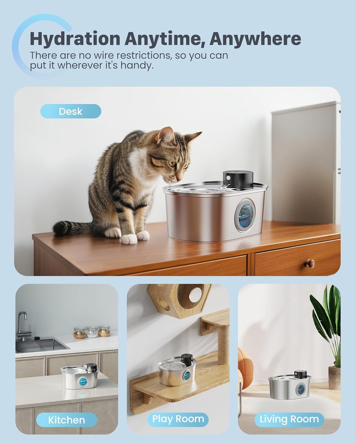 Katzenbrunnen Kabellos Edelstahl - Trinkbrunnen für Katze Akku Hunde Brunnen Wasserbrunnen Sensor Fountain Katzen Trinkbrunnen Wasserspender für Katze Drahtlos Leise Wasserpumpe mit 1 Filter