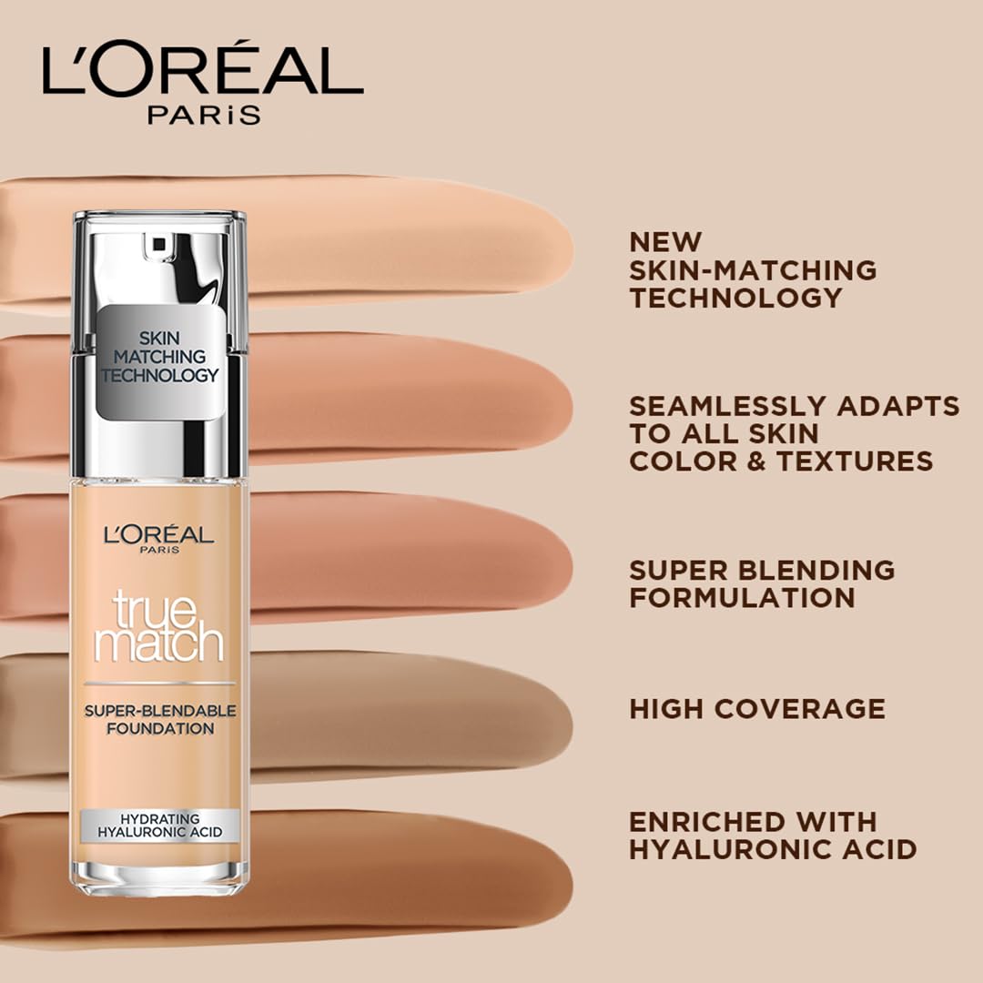 L'Oréal Paris Make up, Flüssige Foundation mit Hyaluron und Aloe Vera, True Match Make-Up, Nr. 5.N Sand, 30 ml