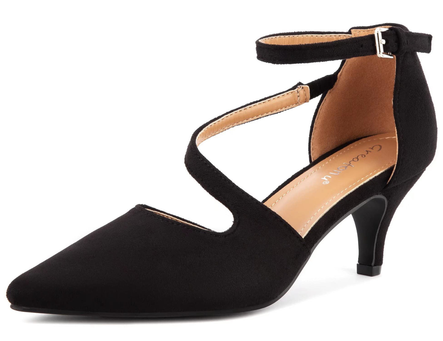 Greatonu Women's Pointed Toe Court Shoes with Ankle Strap and Kitten Heel