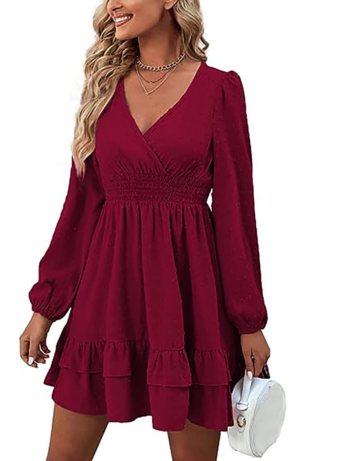 Vangreynve Damen Minikleid V-Ausschnitt A-Linie Kleider Elegant Hohe Taille Langarm Freizeitkleid