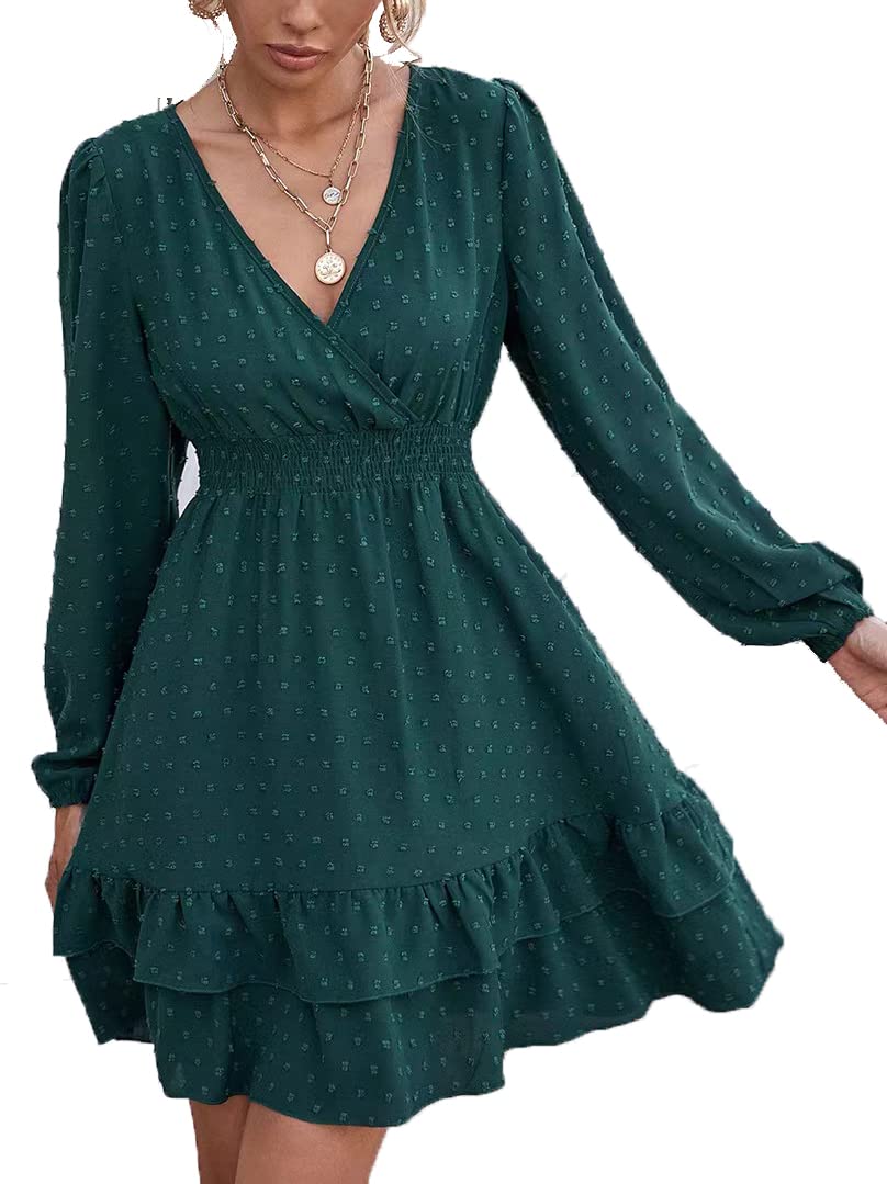 Vangreynve Damen Minikleid V-Ausschnitt A-Linie Kleider Elegant Hohe Taille Langarm Freizeitkleid