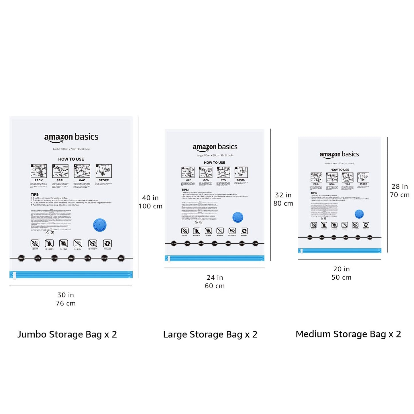 Amazon Basics Vakuumbeutel für Kleidung mit Luftdichtem Ventil und Handpumpe - Jumbo, 6er-Pack, Reißverschluss, Durchsichtig