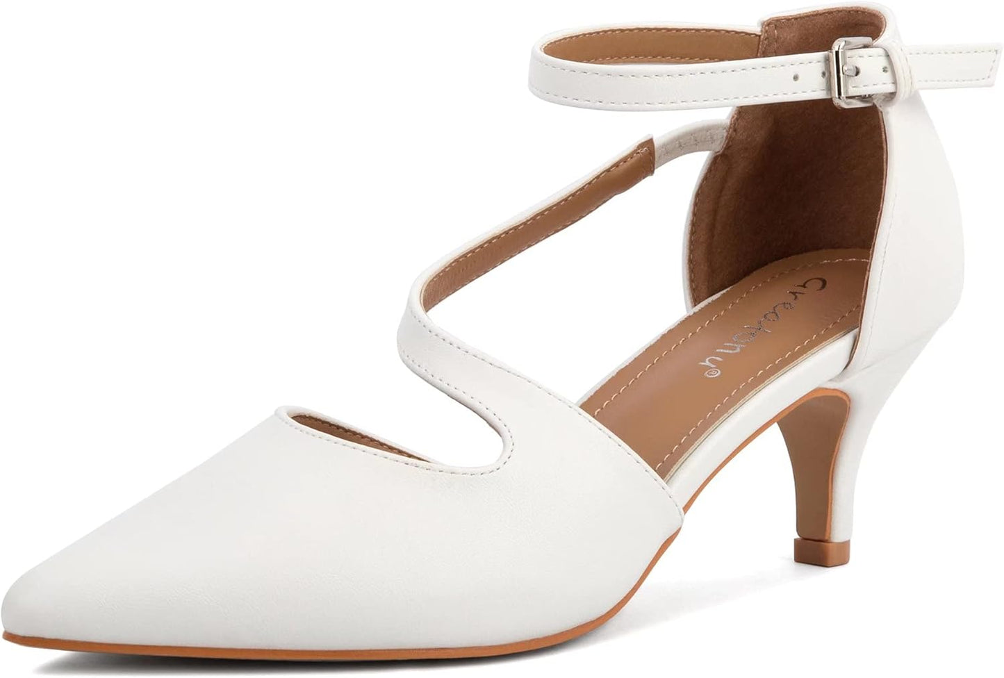 Greatonu Women's Pointed Toe Court Shoes with Ankle Strap and Kitten Heel
