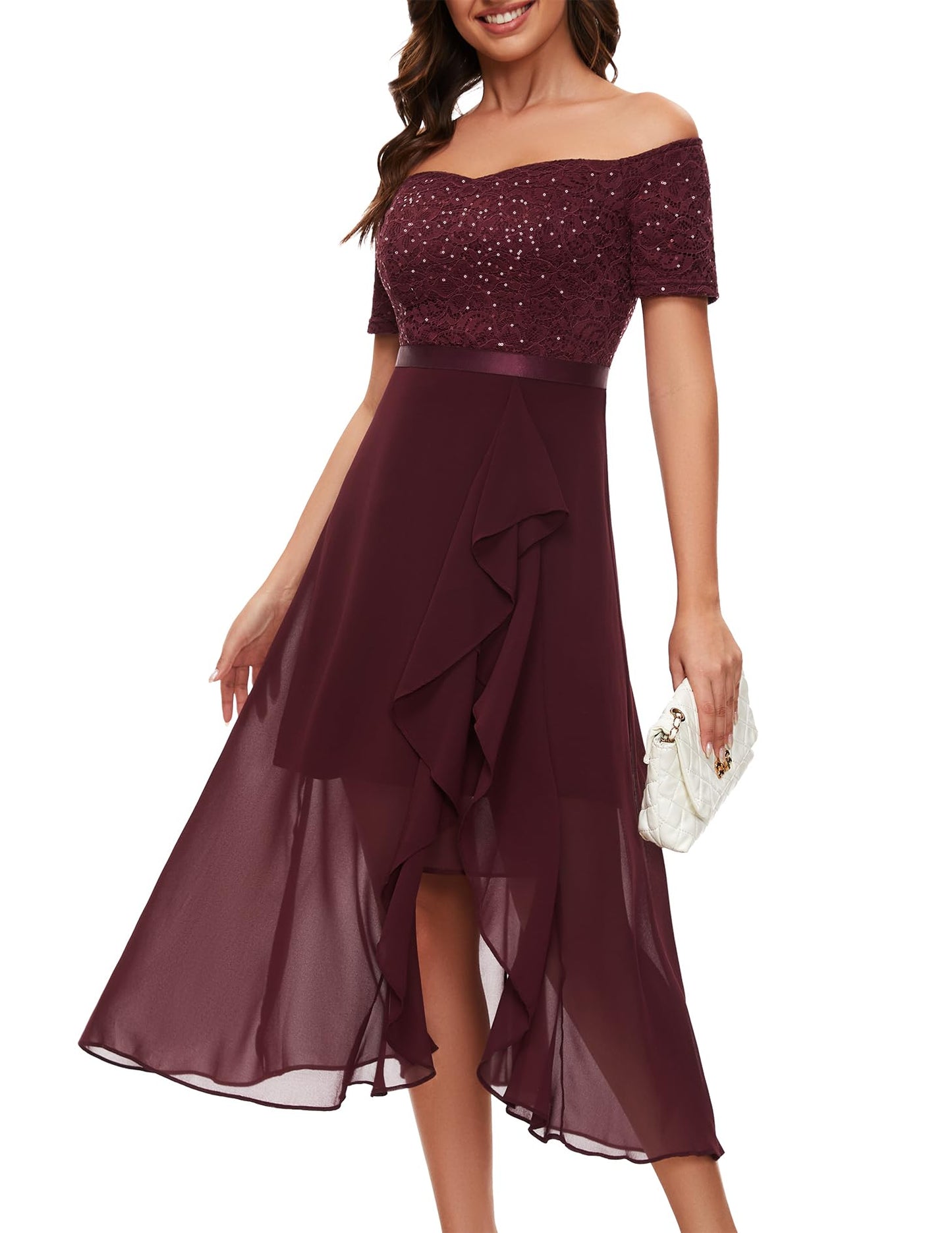 Berylove Abendkleid Damen Lang Glitzer Kleid Cocktailkleid Elegant für Hochzeit Off Shoulder Kleid Ballkleid