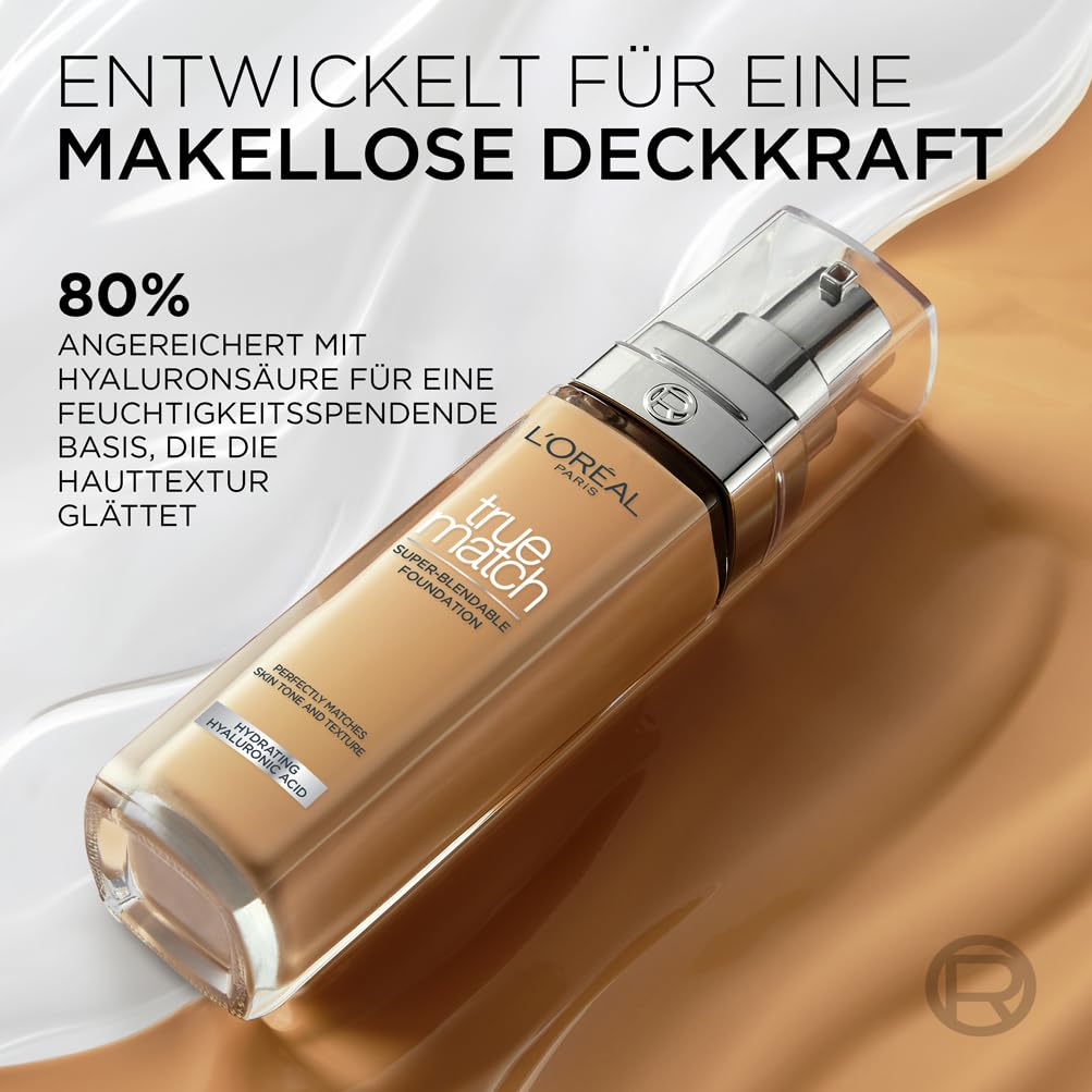 L'Oréal Paris Make up, Flüssige Foundation mit Hyaluron und Aloe Vera, True Match Make-Up, Nr. 5.N Sand, 30 ml