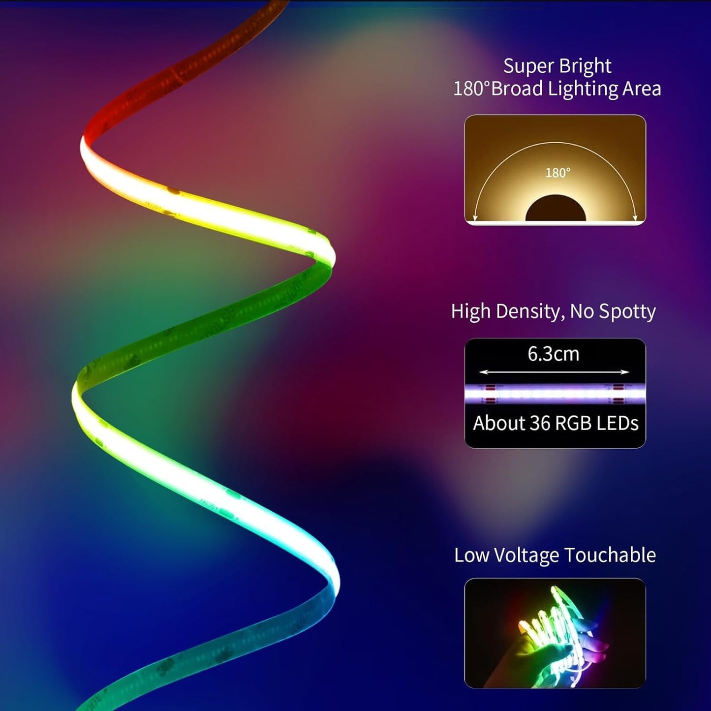 BUNACET COB RGB LED Strip 6M 24V Dimmbar, LED Streifen 3456 LEDs, Leiste Band Stripes Lichtband mit Netzteil RF Fernbedienung & APP Bluetooth für Küche Schlafzimmer Deko