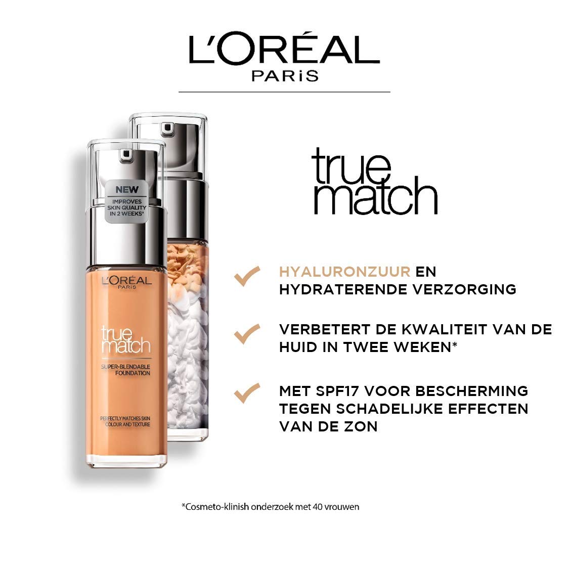 L'Oréal Paris Make up, Flüssige Foundation mit Hyaluron und Aloe Vera, Perfect Match Make-Up, 3.N Creamy Beige, 30 ml