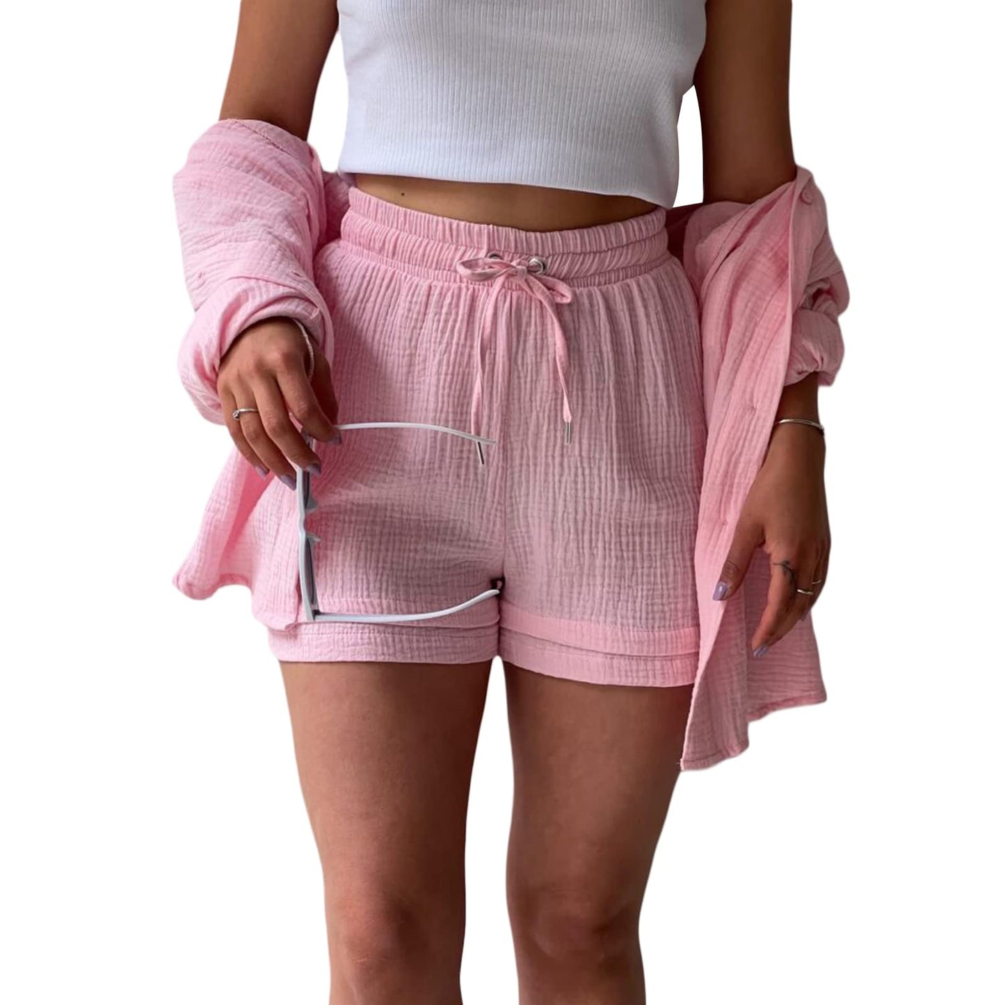 Geagodelia Damen Zweiteiler Elegant Hosenanzug Sommer Outfits Kleidung 2 Teiler Set Bluse Top + Shorts Y2k Aesthetic Clothes Loungewear Anzug