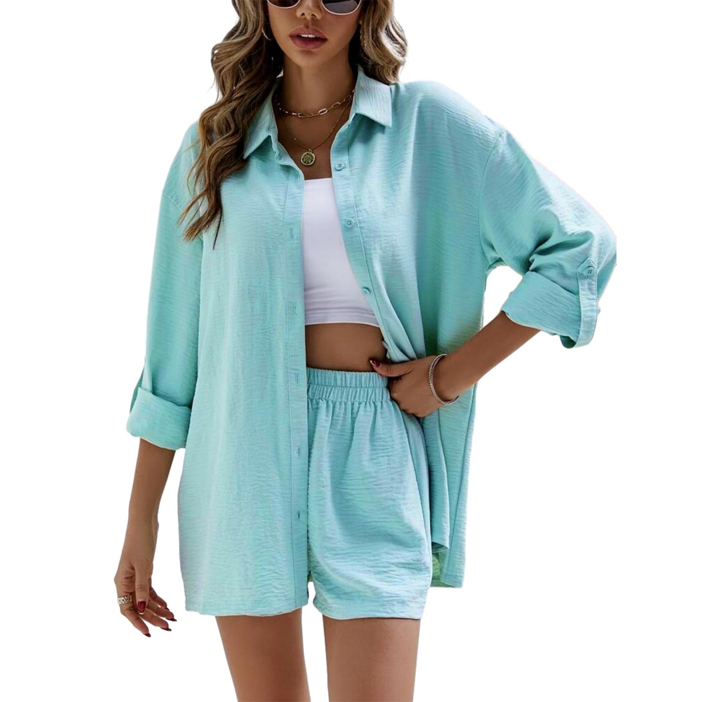 Geagodelia Damen Zweiteiler Elegant Hosenanzug Sommer Outfits Kleidung 2 Teiler Set Bluse Top + Shorts Y2k Aesthetic Clothes Loungewear Anzug