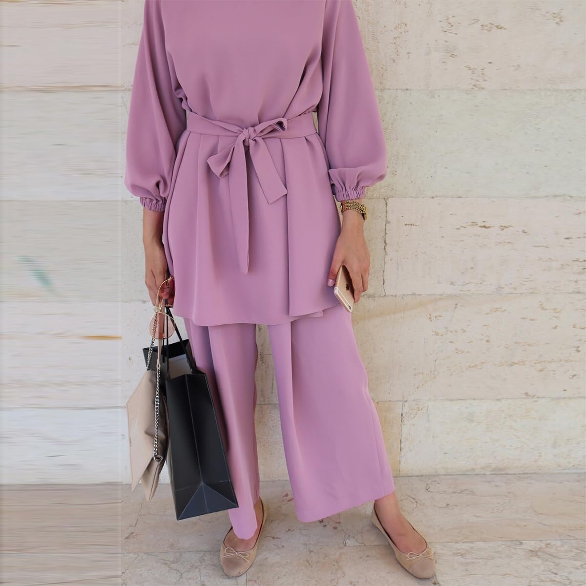 Gebetskleidung Muslim Damen Langarm Top + Lang Hose 2 Teiler Ramadan Outfit