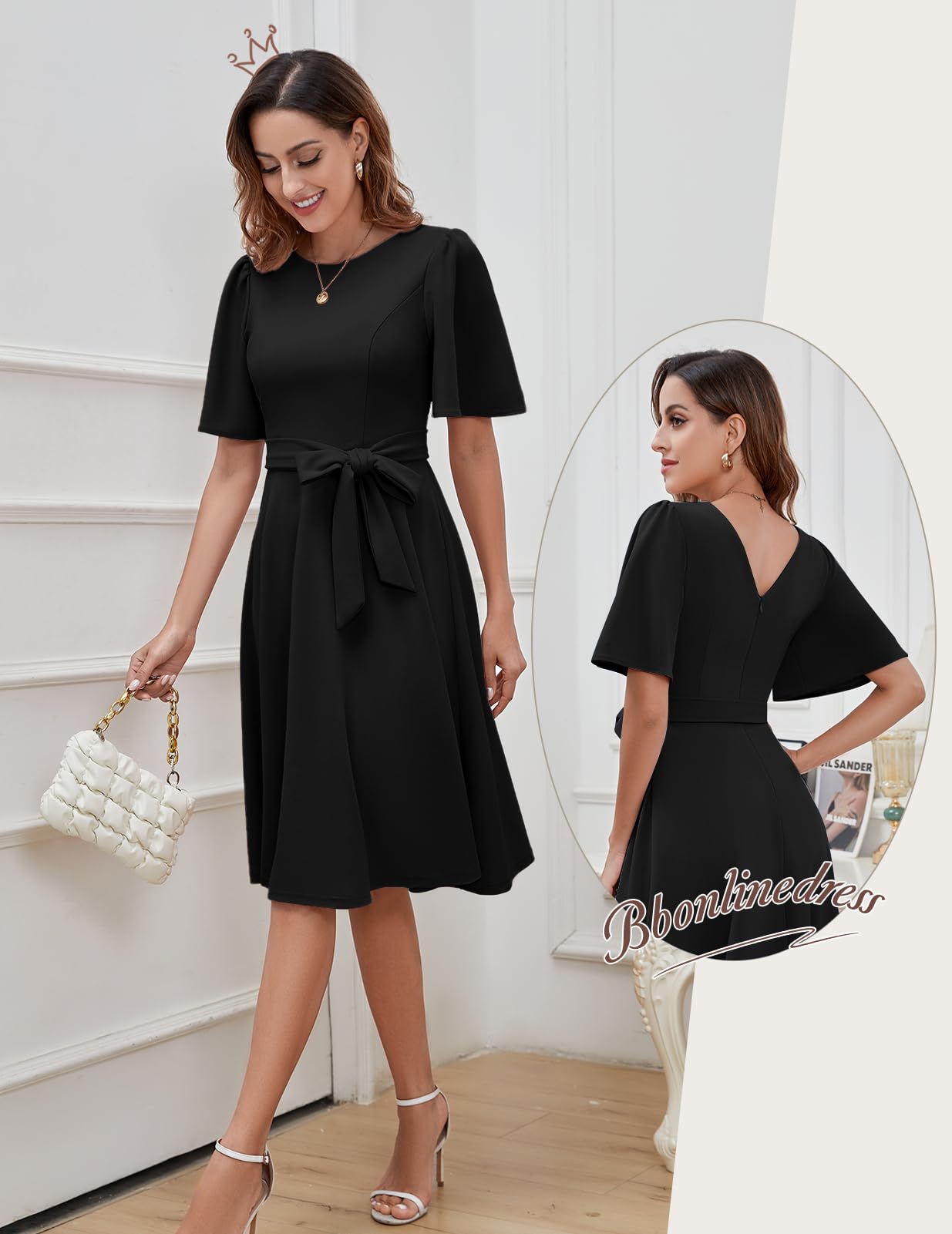 Bbonlinedress Cocktailkleid Damen Kurzarm midilang festlichs Kleid mit Gürtel Abendkleider elegant für Hochzeit Partykleider