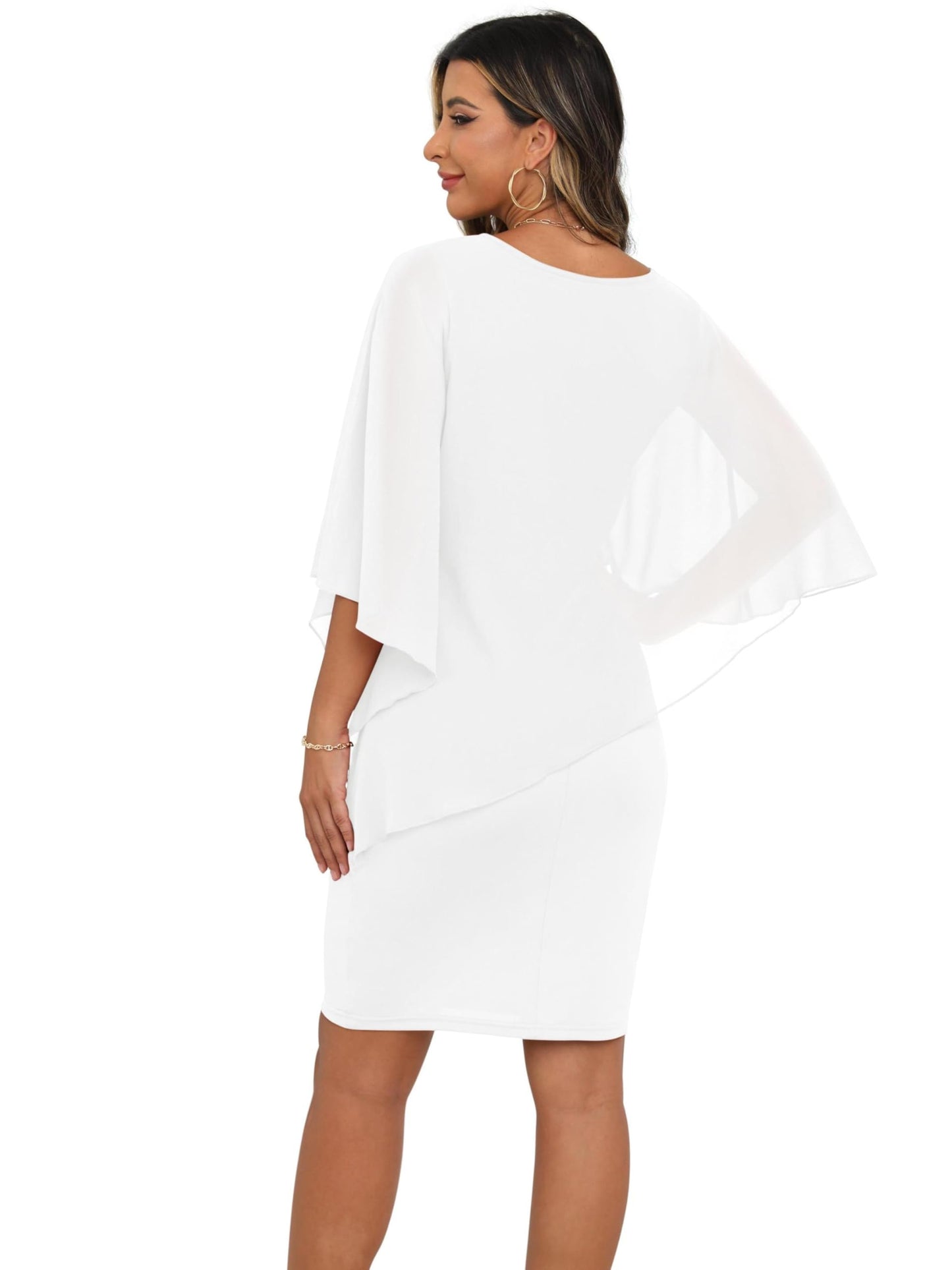 QIXING Damen Chiffon Cape Cocktialkleid Rundhals Ausschnitt Bleistiftkleid Sommerkleid Damen Knielang Elegant Abendkleid Mit Overlay Casual Bodycon Kleider
