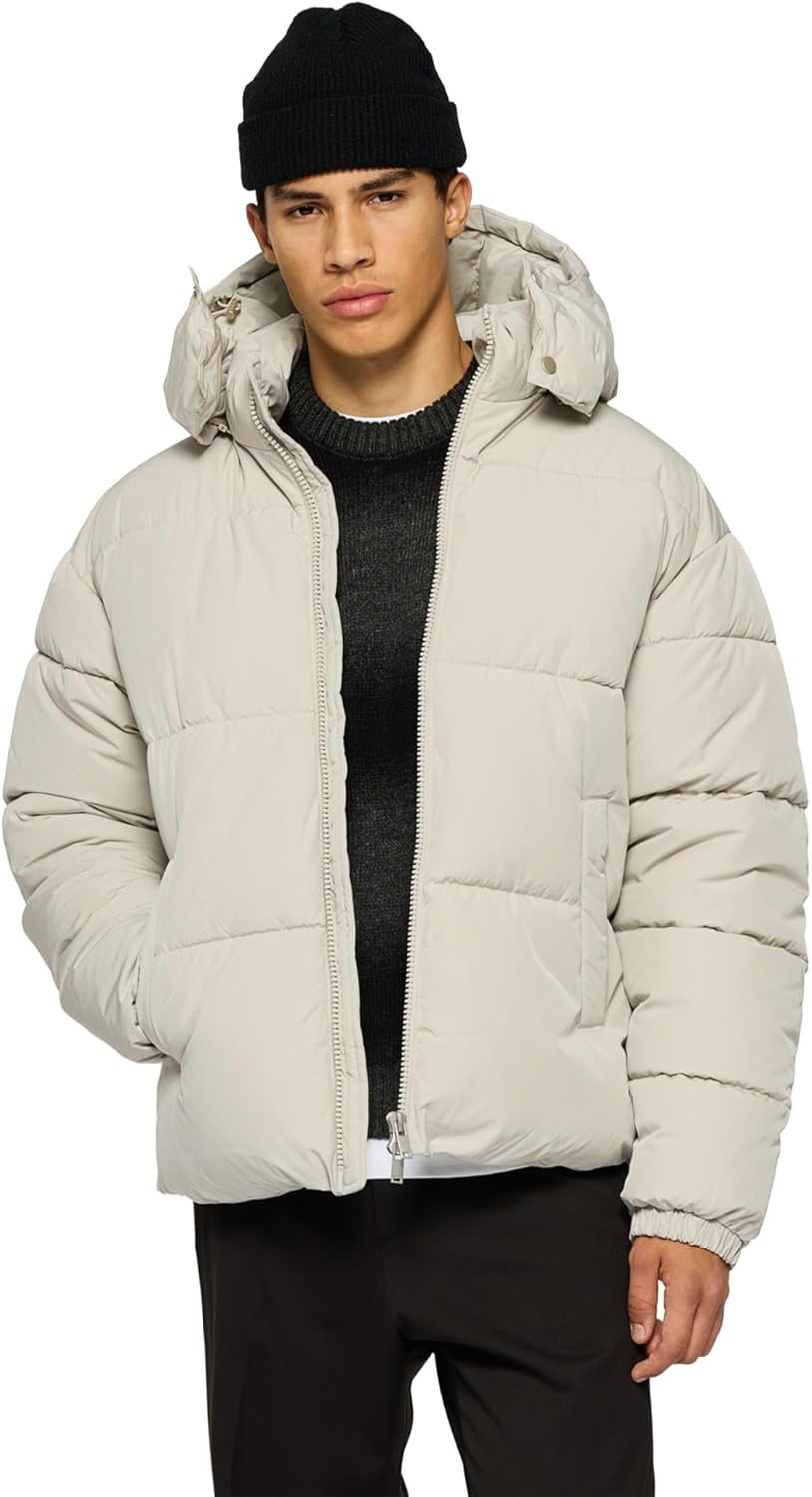 Burocs Hooded Puffer Jacket - Black Glossy - Oversized Herrenjacke - abnehmbare Kapuze - Reißverschluss - Innentasche