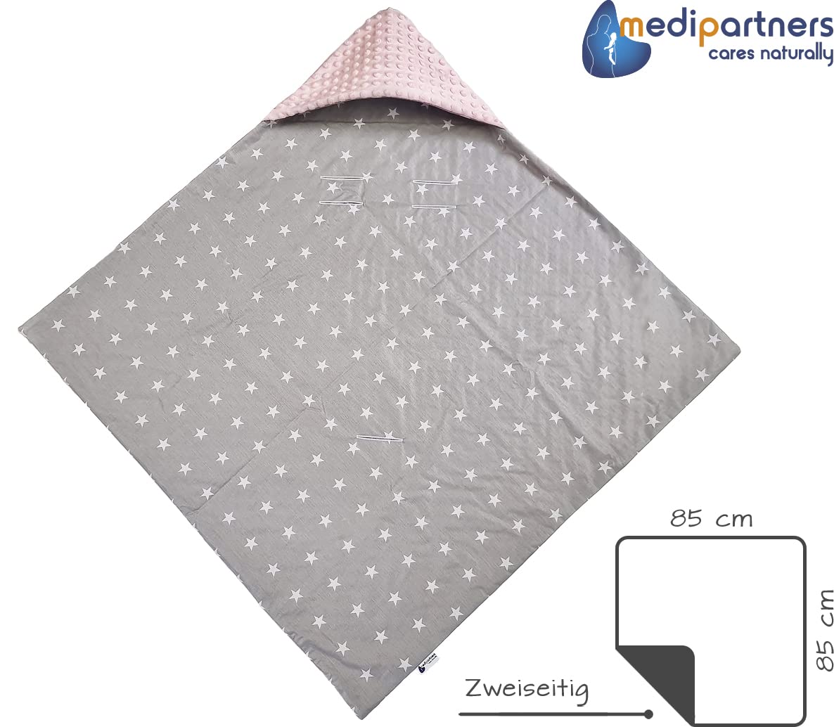 Medi Partners Einschlagdecke Baby Babyschale 100% Baumwolle für Sommer 85x85cm Kinderwagen Kuscheldecke universal Baby Decke Einschlagdecken Babydecke Buggy Autositz (weiße Sterne mit grauen Minky