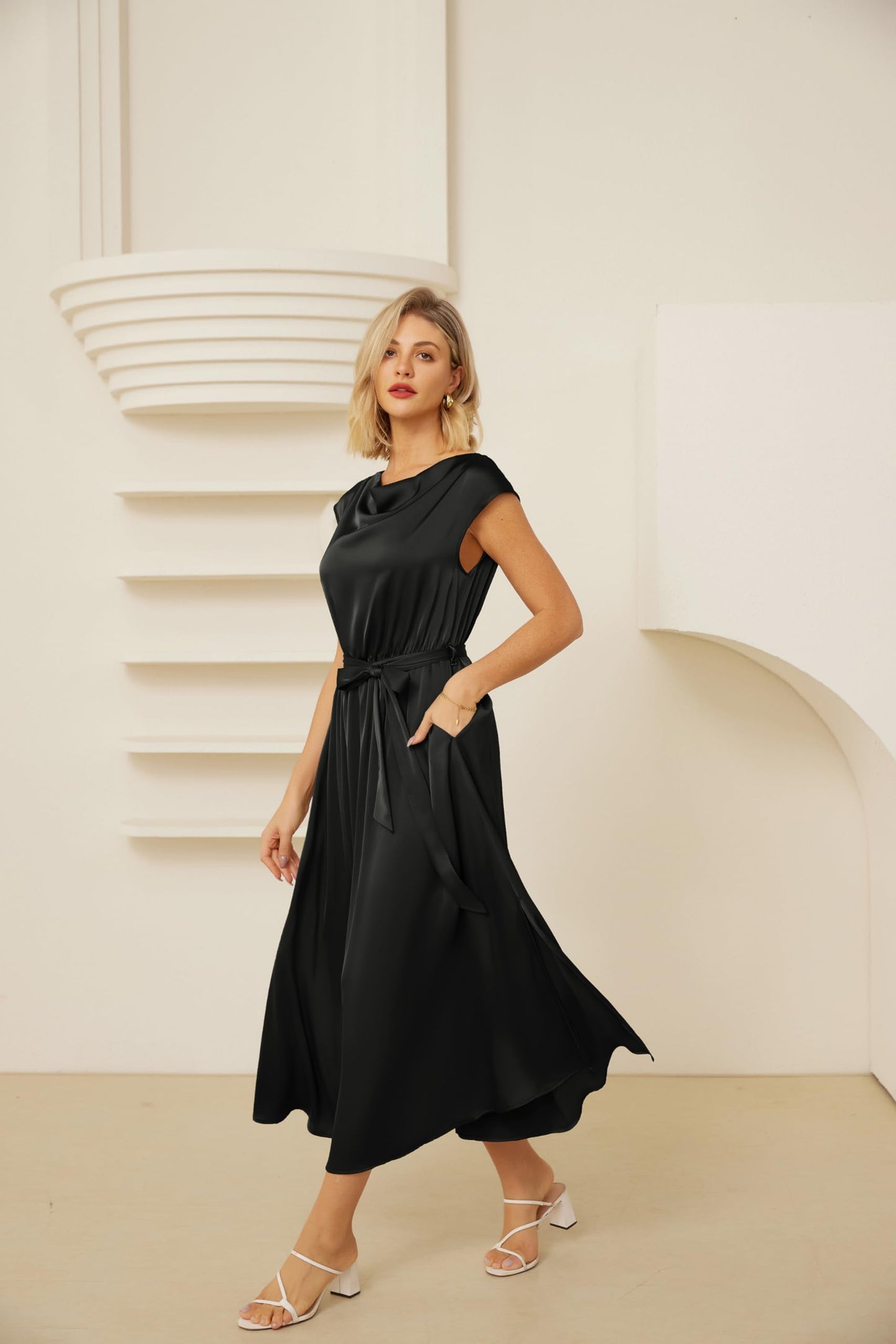 GRACE KARIN Elegantes Damenkleid mit Schalkragen Schmetterlingsärmeln Glatter Sommerstoff für Einen Schicken Abend