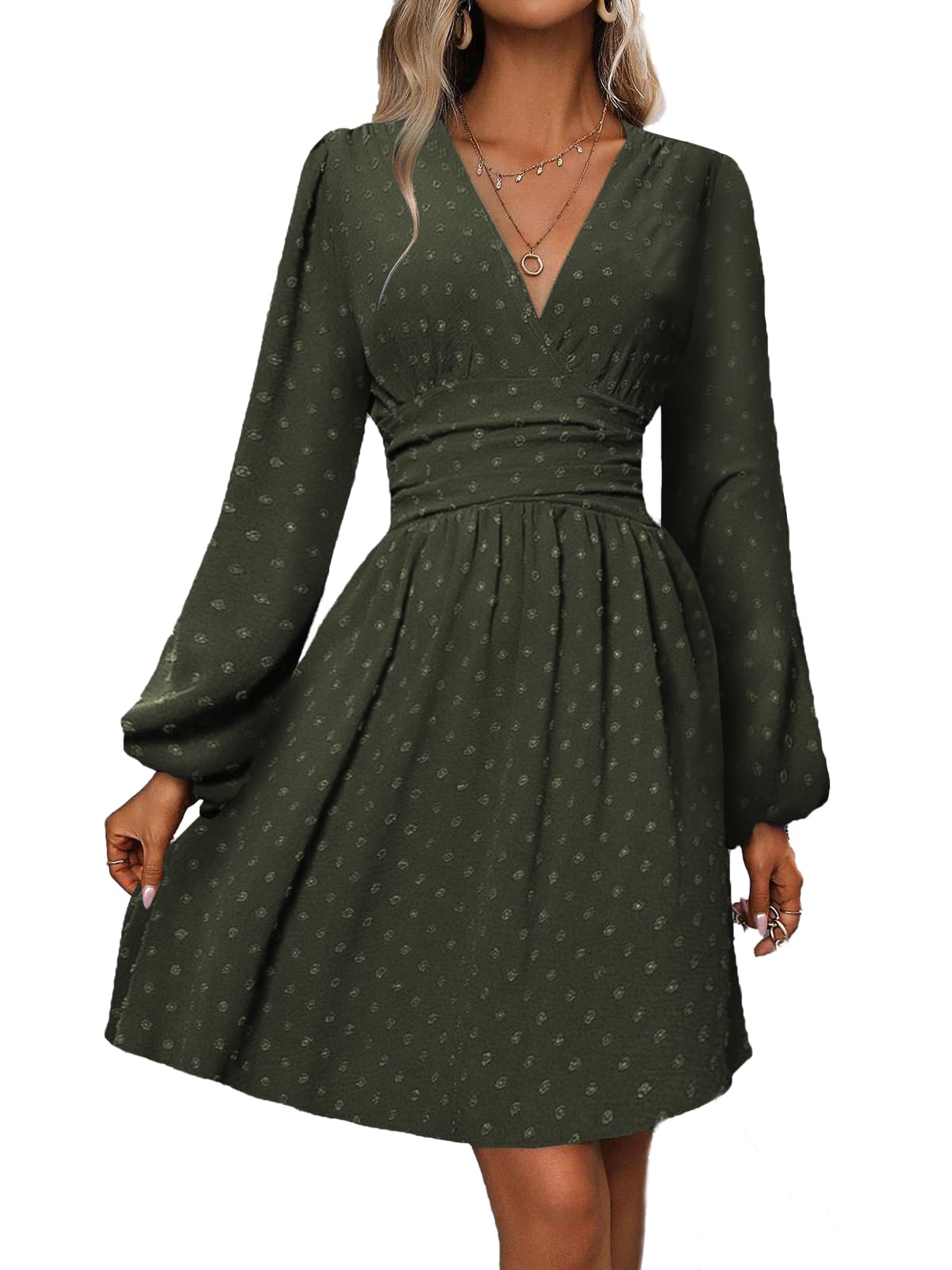 LIAMERHE Damen Elegant Kleid Langarm/Kurze Ärmel V-Ausschnitt Casual Kleider A-Linie Blumenmuster Minikleid Freizeitkleider Sommer Herbst Winter Laternenärmeln Kleid Partykleid