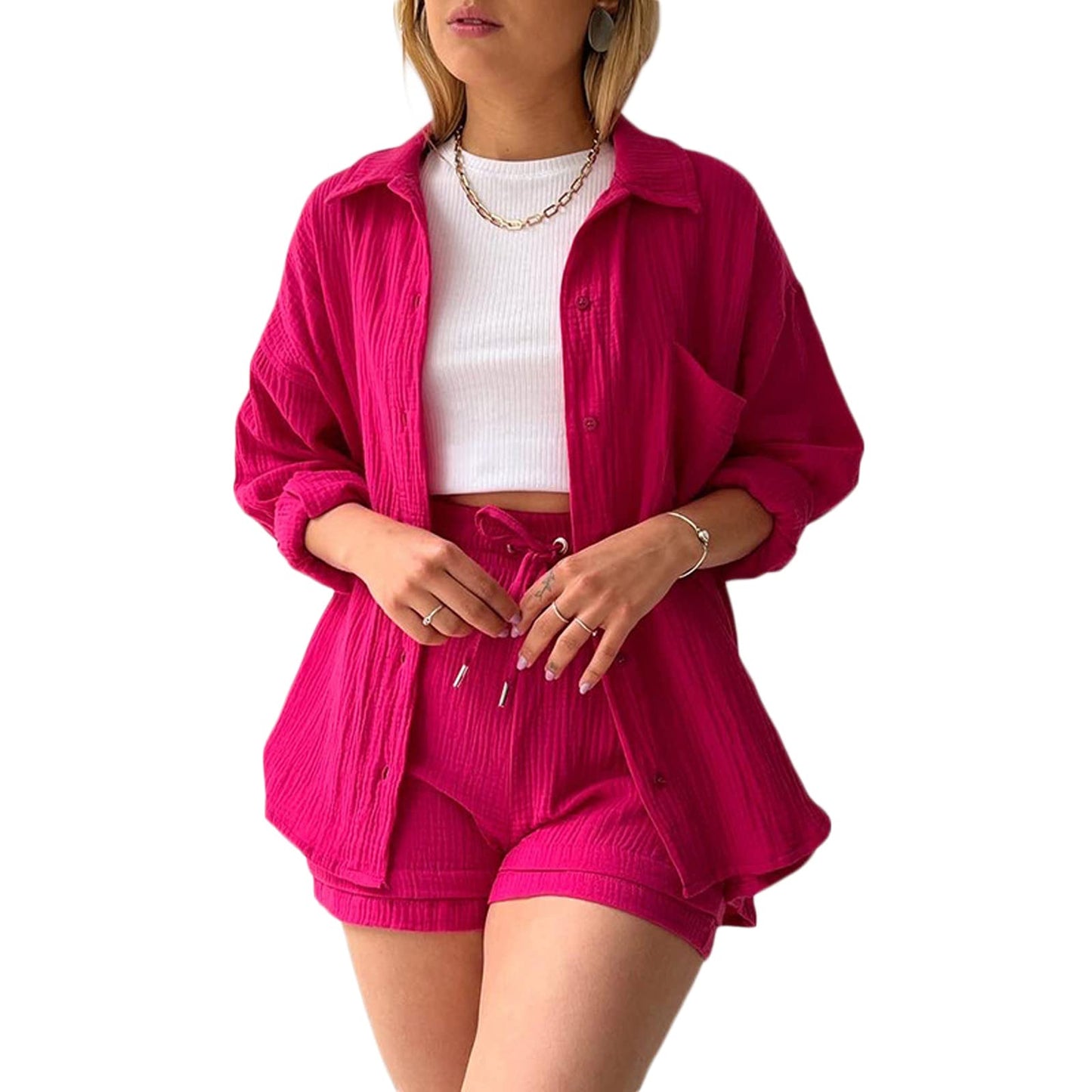 Geagodelia Damen Zweiteiler Elegant Hosenanzug Sommer Outfits Kleidung 2 Teiler Set Bluse Top + Shorts Y2k Aesthetic Clothes Loungewear Anzug