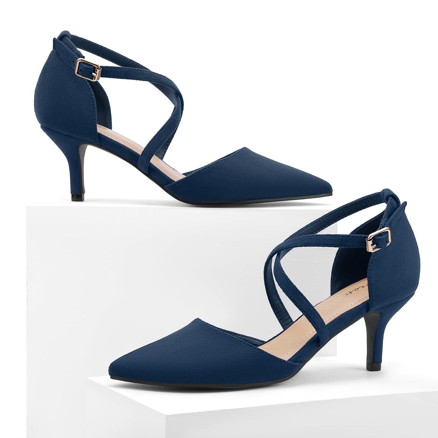 Greatonu Women's Pointed Toe Court Shoes with Ankle Strap and Kitten Heel