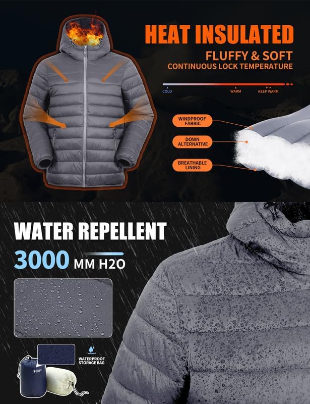 Winter Jacket Men's Packable Outdoor Down Jackets Hooded Jacket Autumn Waterproof Puffer Jacket with 6 Pockets for Running Travel