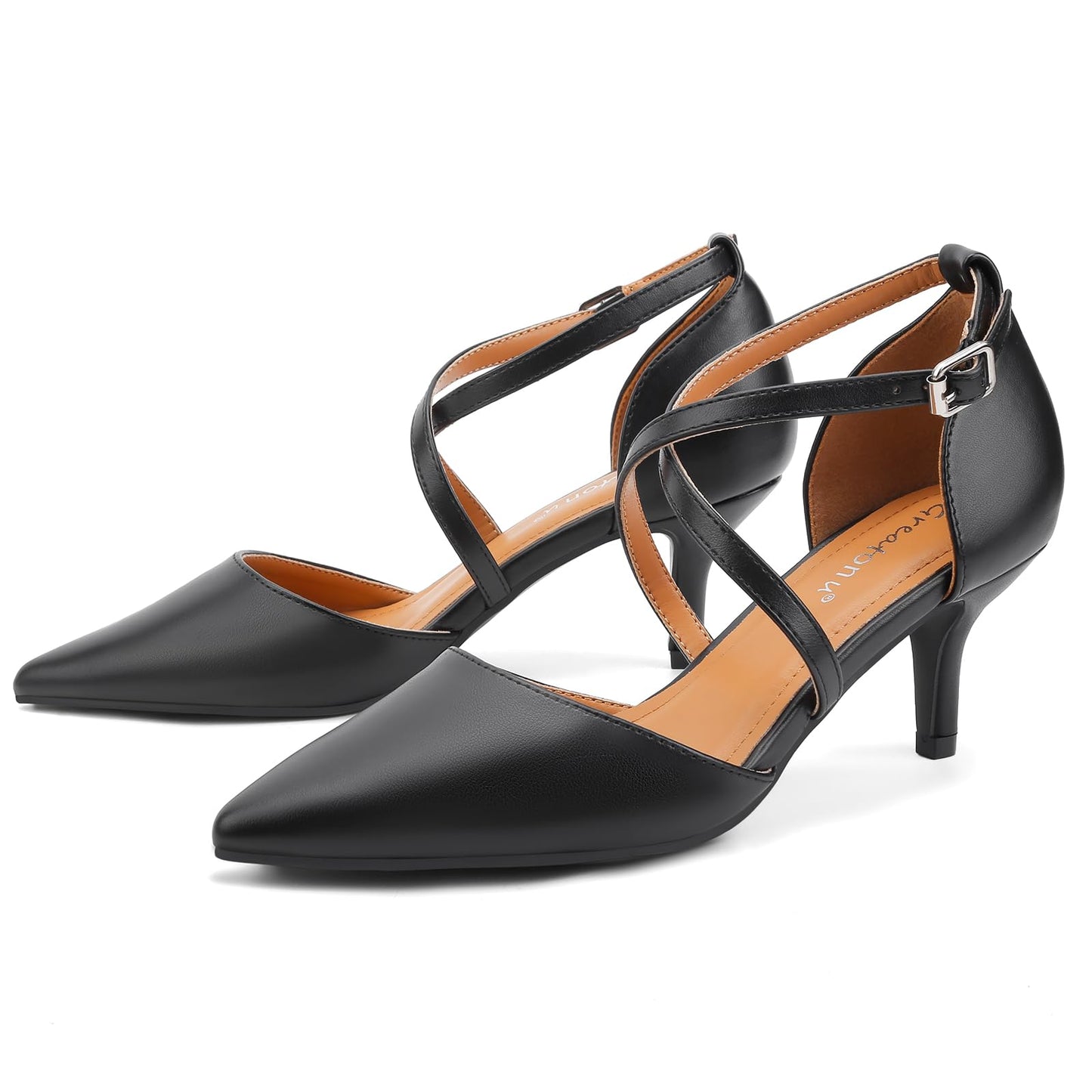 Greatonu Women's Pointed Toe Court Shoes with Ankle Strap and Kitten Heel