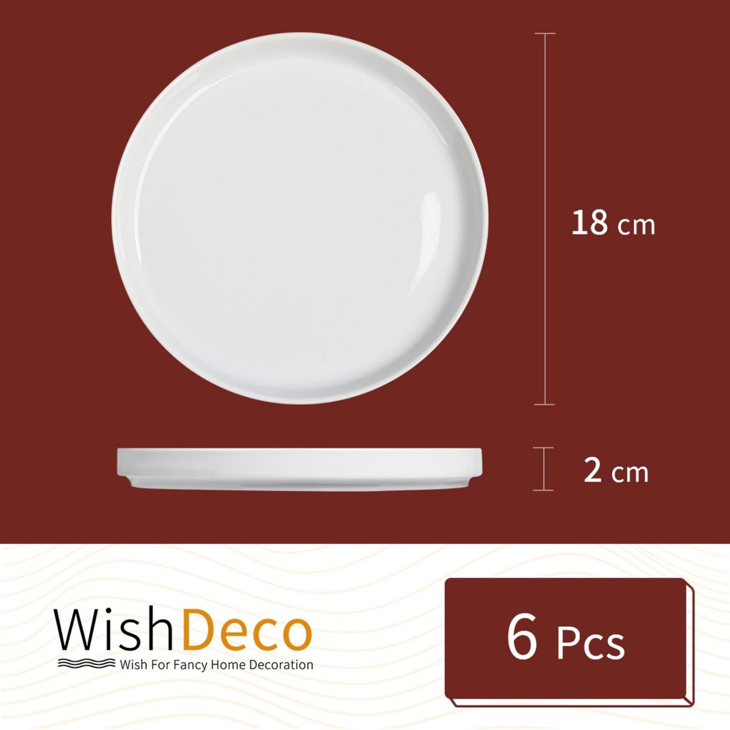 WishDeco Dessertteller 6er Set, Weiße Kuchenteller Φ18cm, Speiseteller Porzellan, Frühstücksteller Weiß mit erhöhtem Rand, Kleine Servierteller für Salat, Pasta, Brot, Vorspeisen