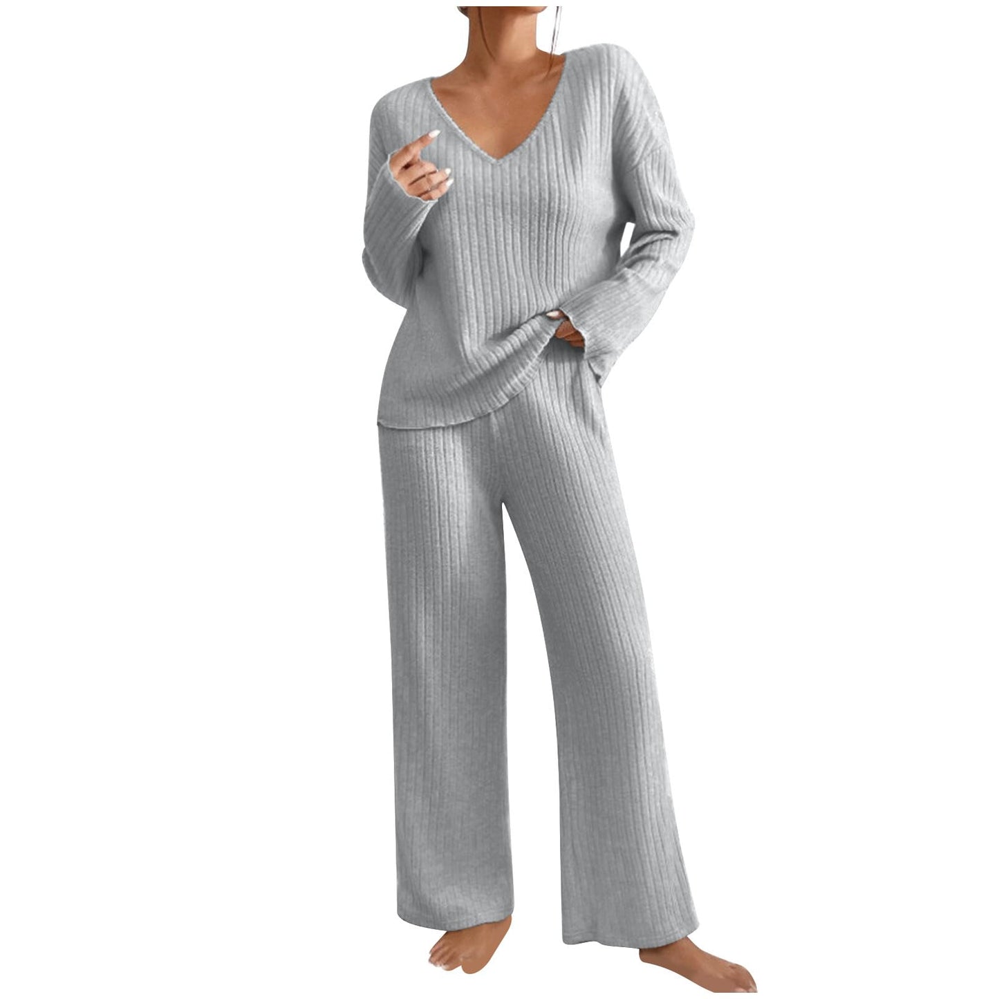 Hausanzug Damen Elegant Gestrickte Loungewear Einfarbig Strickanzug Langarm Schlafanzüge Zweiteiler V-Ausschnitt Homewear Locker Freizeitanzug Outfit Weites Bein Hose mit Taschen Lounge Set