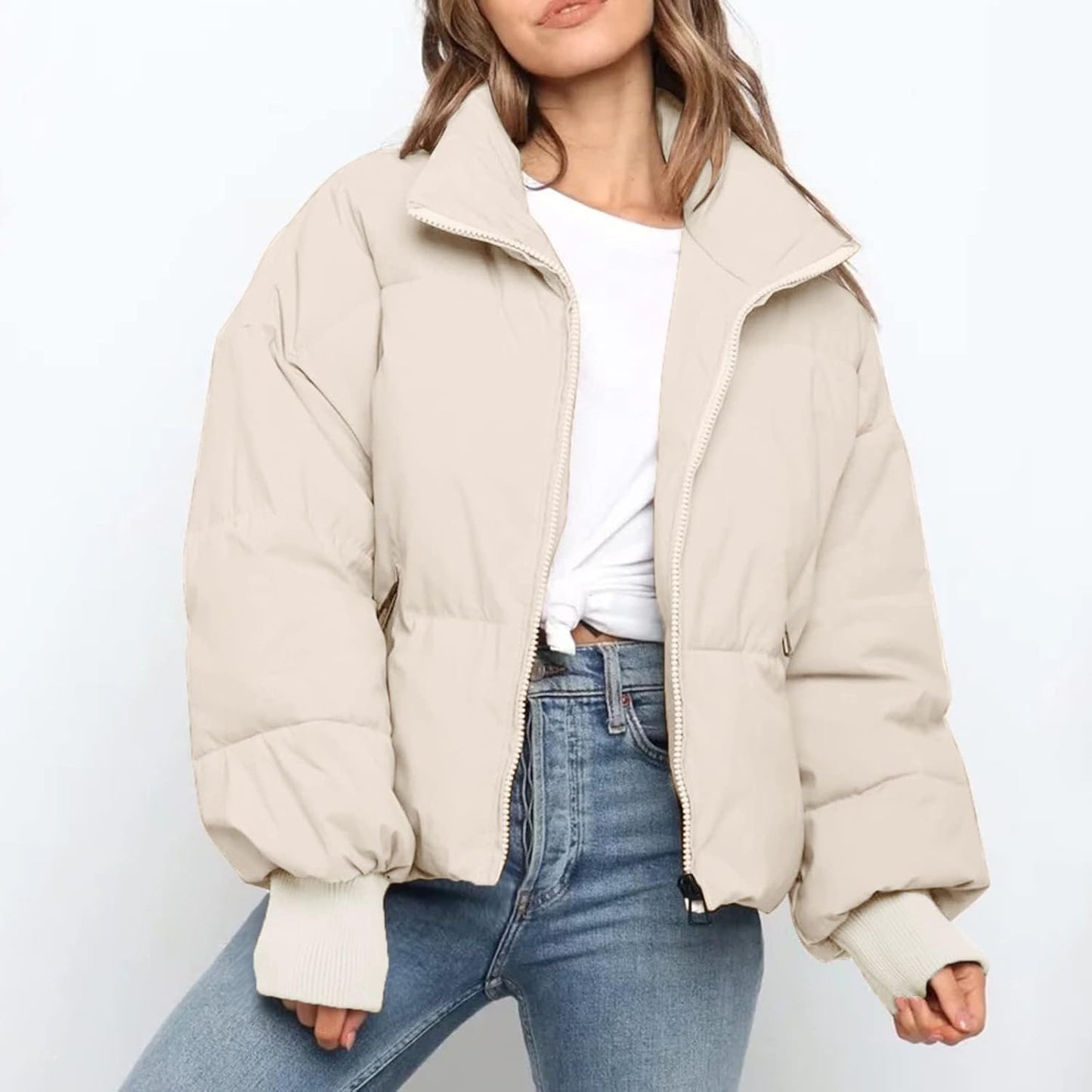 Lapirek Women's Puffer Jacket Short Black Beige Winter Warm Quilted Thick Winter Jacket Winter Warm Transition Women's Jackets Outdoor Long Sleeve Cotton Jacket Jackets for Women (Beige, M)