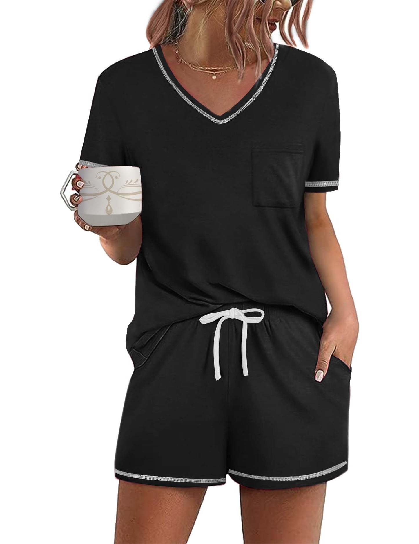 Ekouaer Schlafanzug Damen Kurz Pyjama Set Kurzarm Sommer Nachtwäsche Gedruckt with Taschen S-XXL