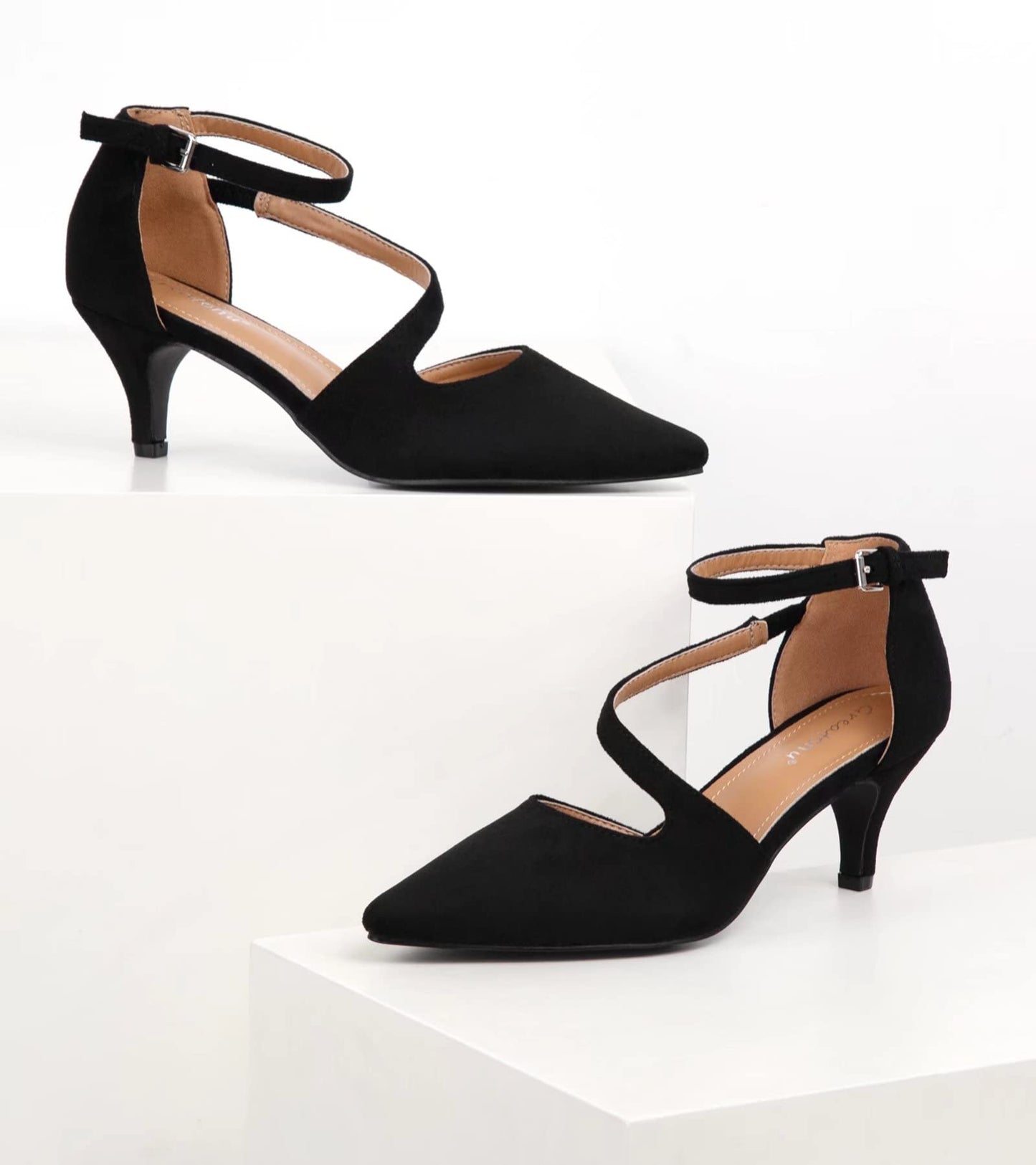 Greatonu Women's Pointed Toe Court Shoes with Ankle Strap and Kitten Heel