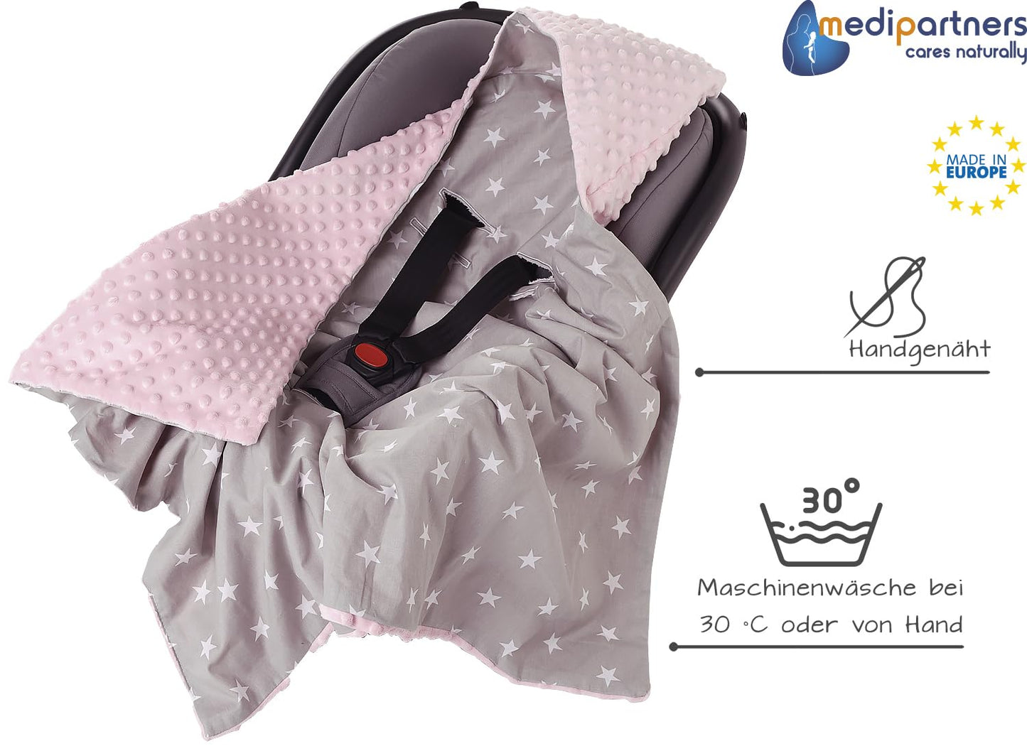 Medi Partners Einschlagdecke Baby Babyschale 100% Baumwolle für Sommer 85x85cm Kinderwagen Kuscheldecke universal Baby Decke Einschlagdecken Babydecke Buggy Autositz (weiße Sterne mit grauen Minky