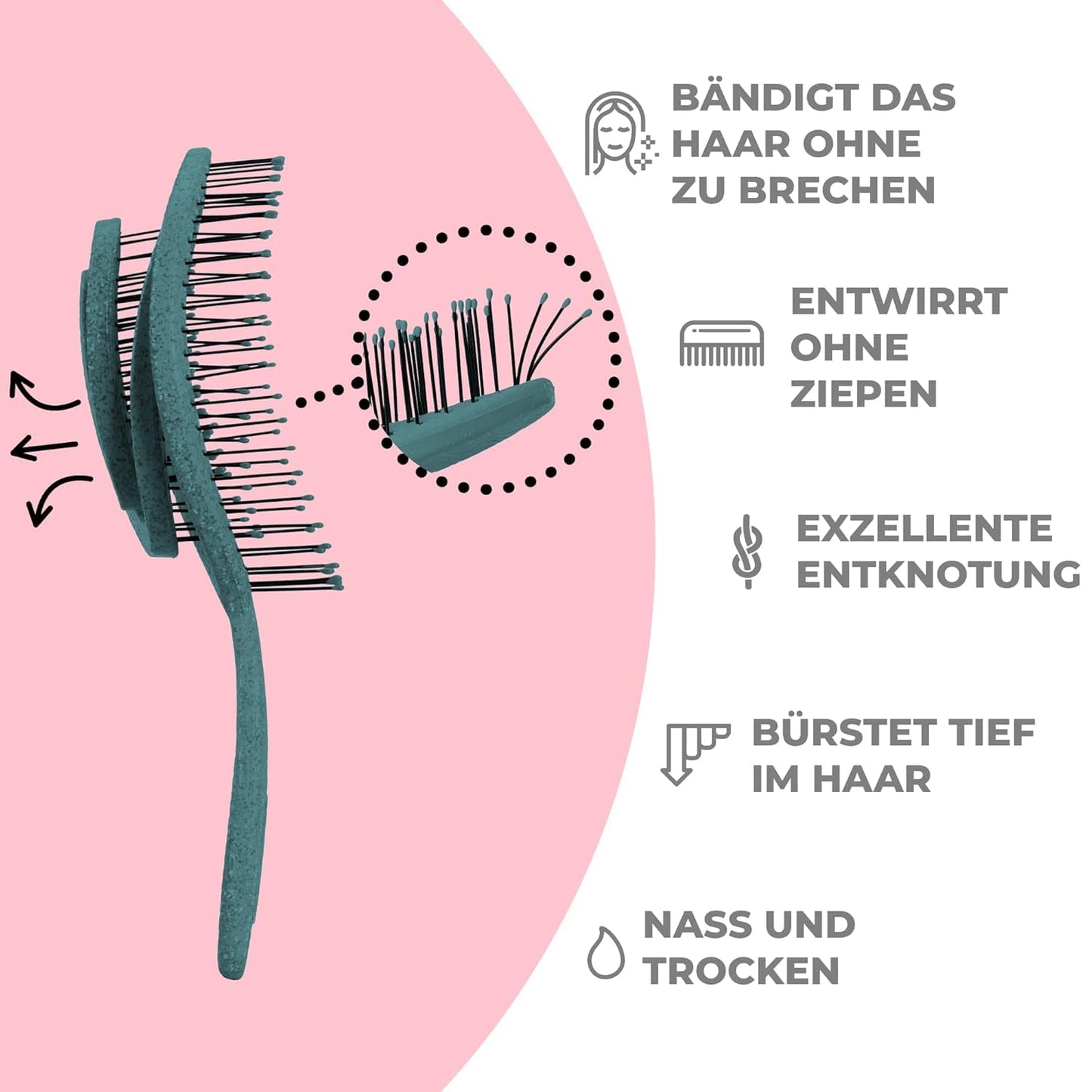 Ninabella Haarbürste ohne Ziepen für Damen, Herren & Kinder - Entwirrbürste auch für Locken & Lange Haare - Einzigartige Profi Detangler-Bürste mit Spiralfeder - Schwarz